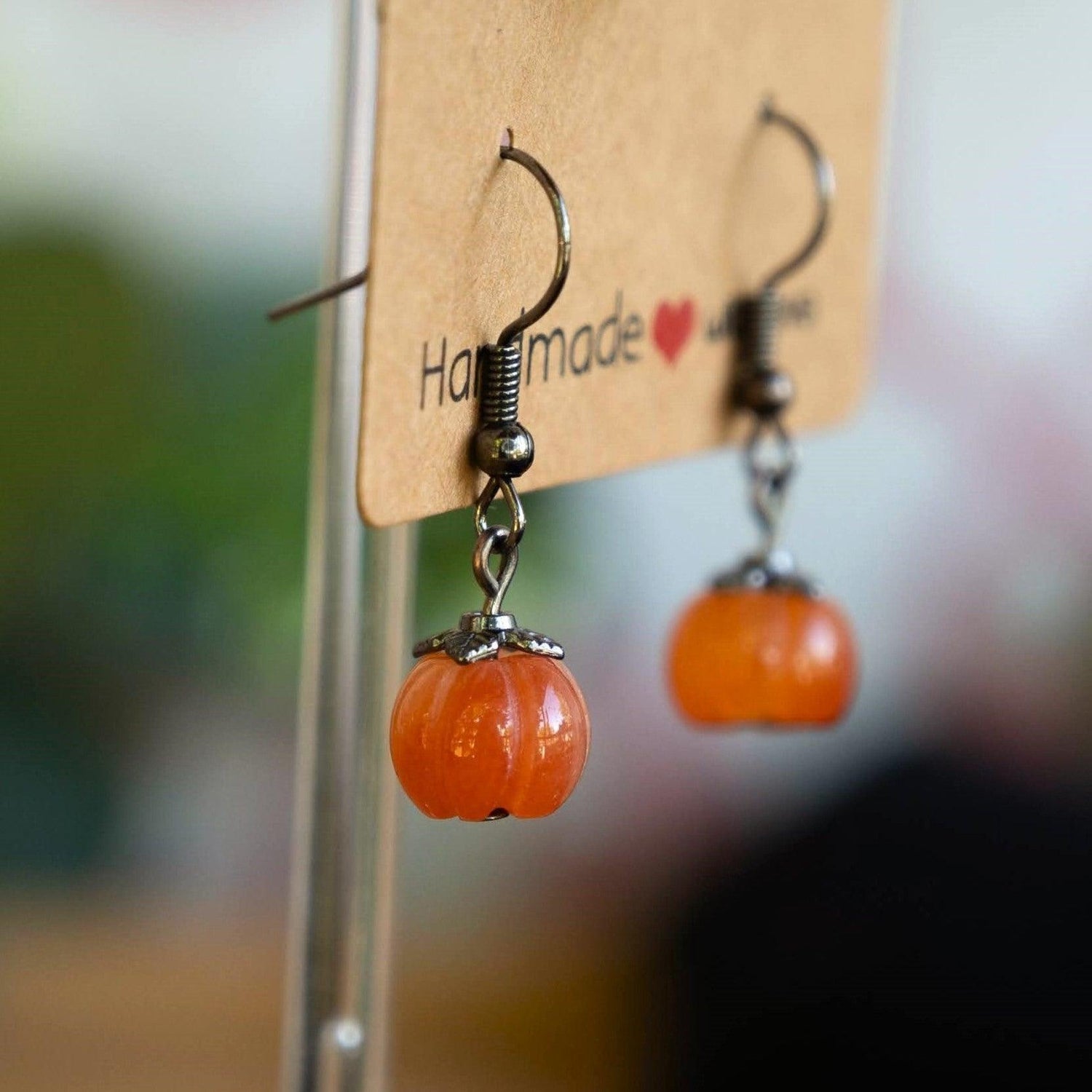 Orange Jade Pumpkin Earrings with Antique Bronze Accents - Lapidary & Lore