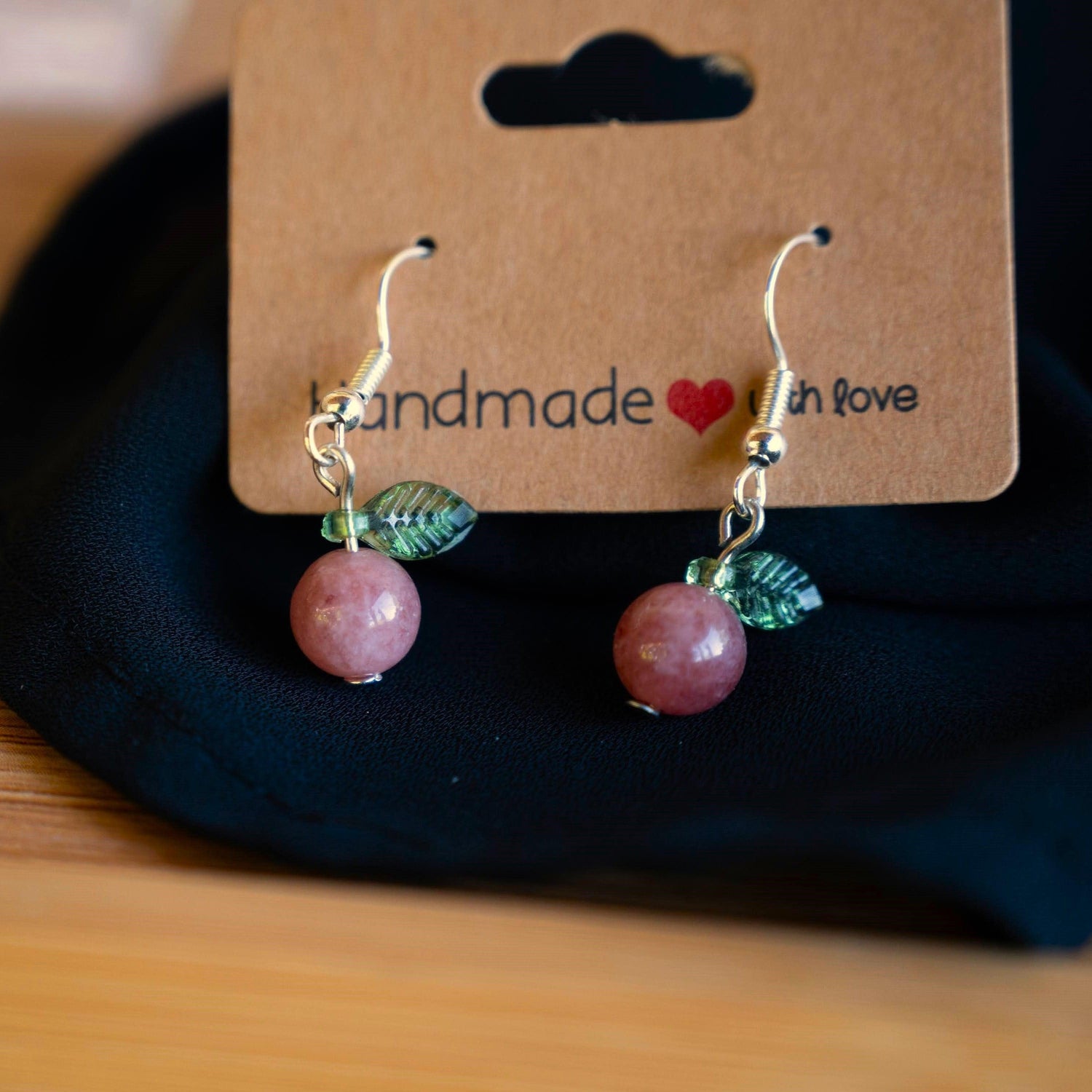 Pink Chalcedony Peach Earrings with Green Leaf Accents - Lapidary & Lore