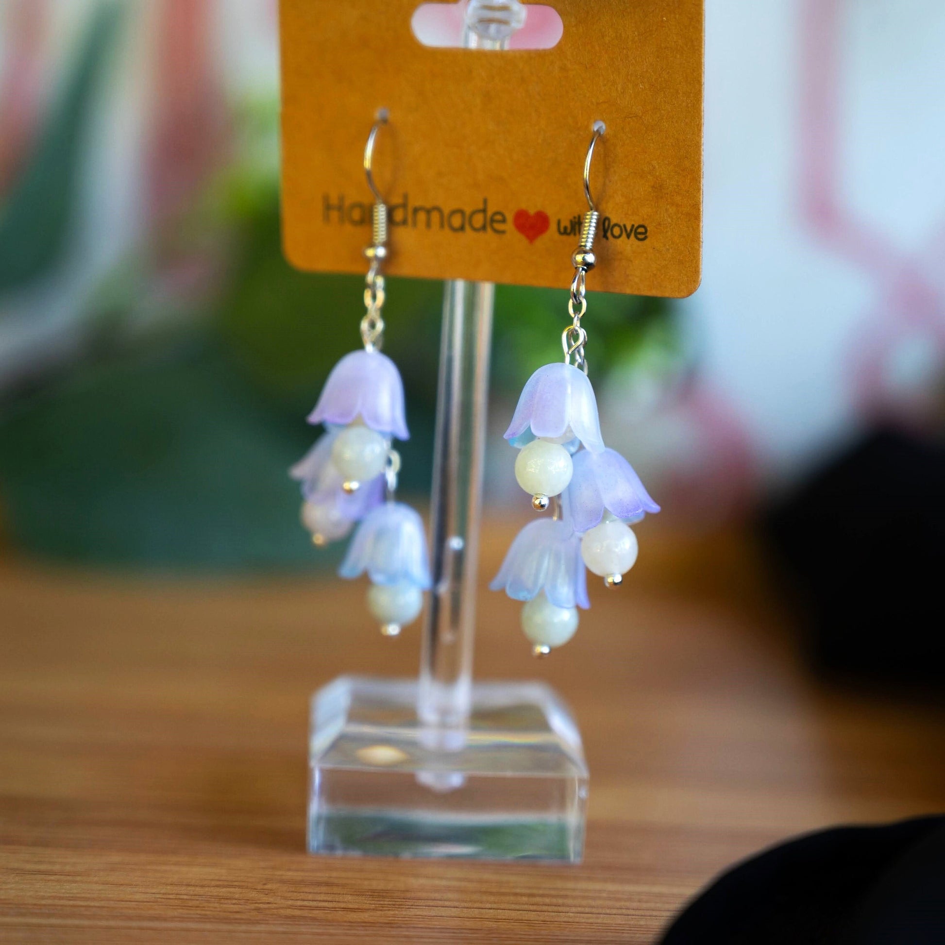 Bellflower Earrings with White Jade Beads