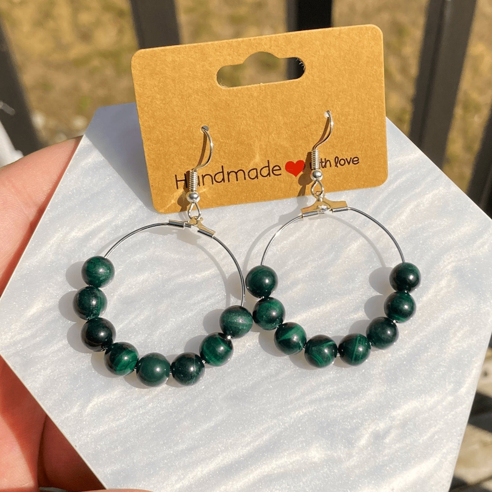 Natural Malachite Hoop Earrings