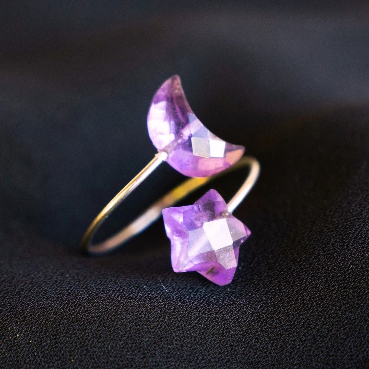 Amethyst Moon and Star Open Ring