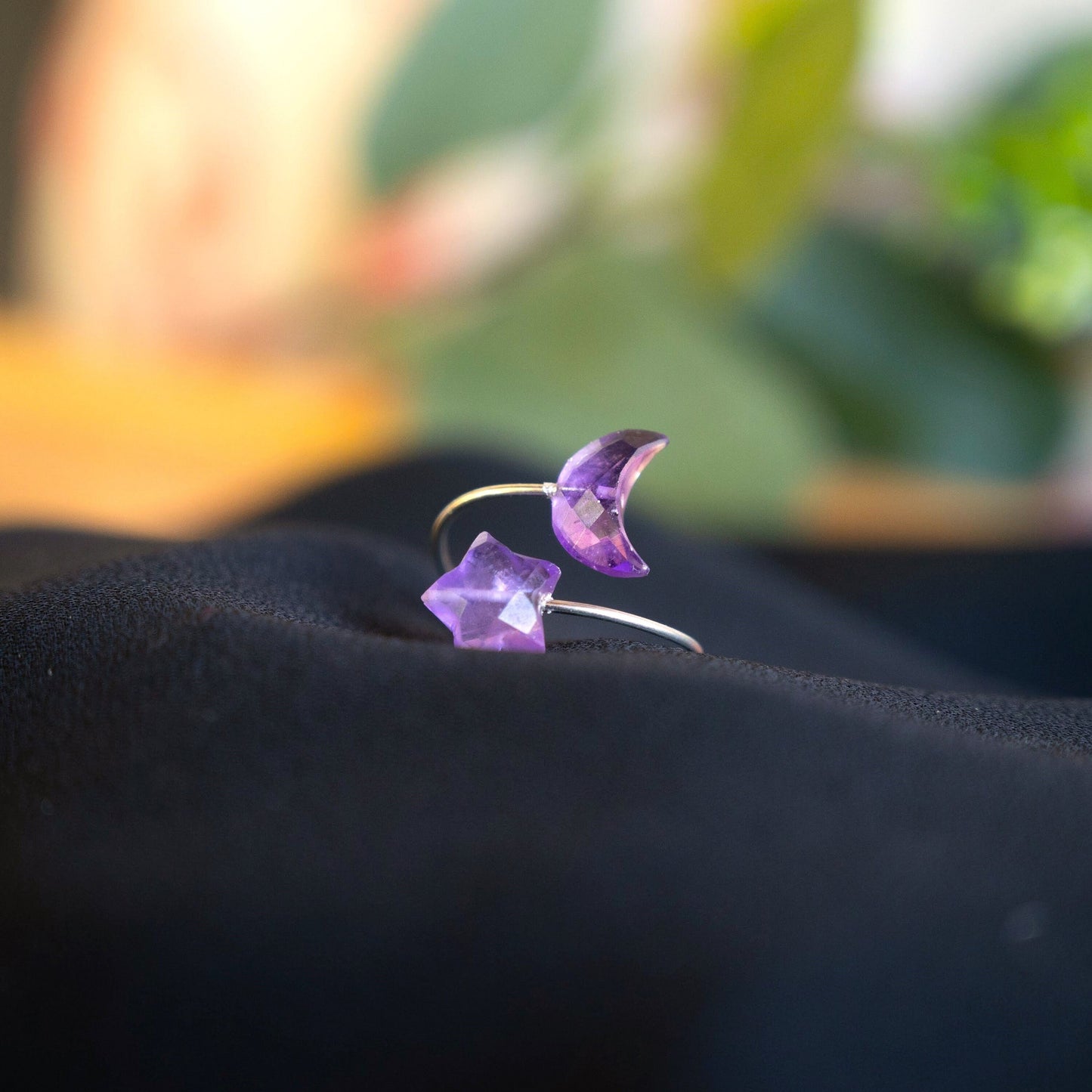 Amethyst Moon and Star Open Ring