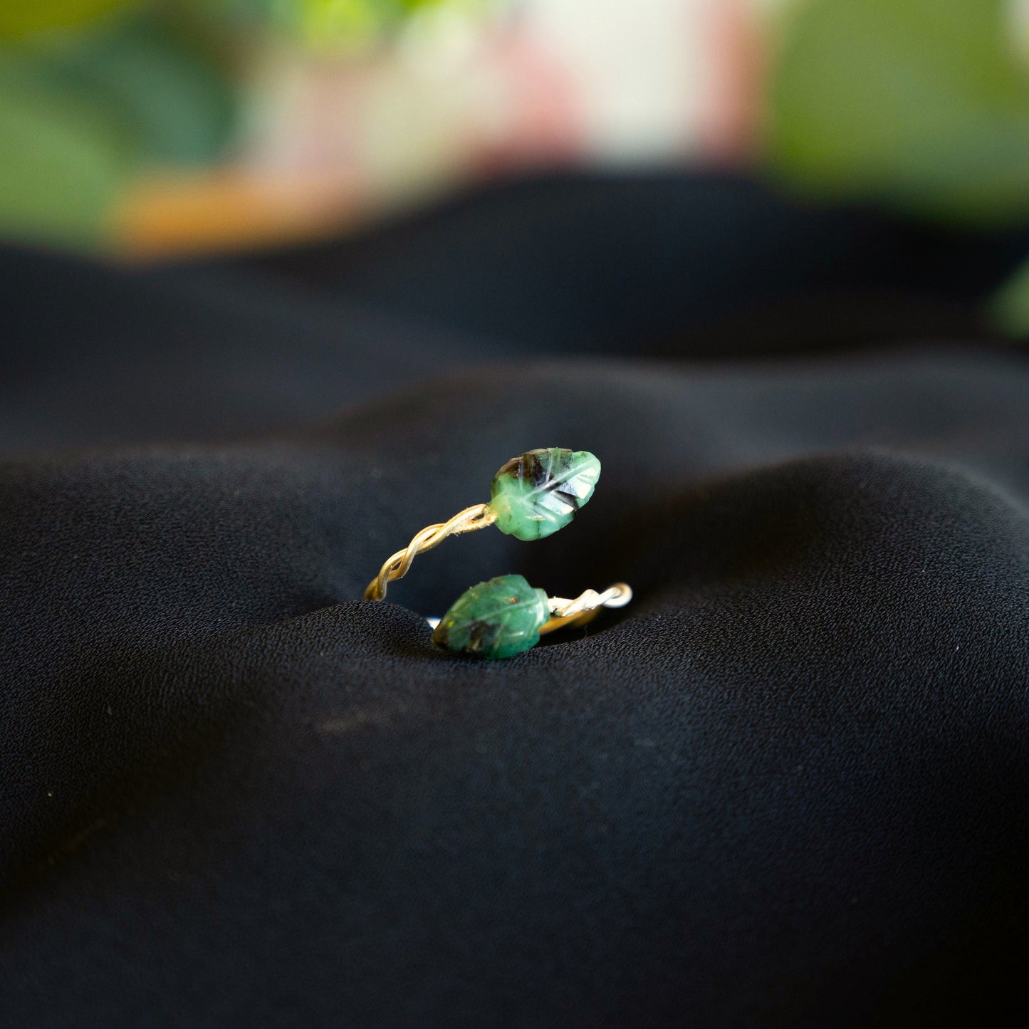 Emerald Leaf and Twisted Vines Open Ring