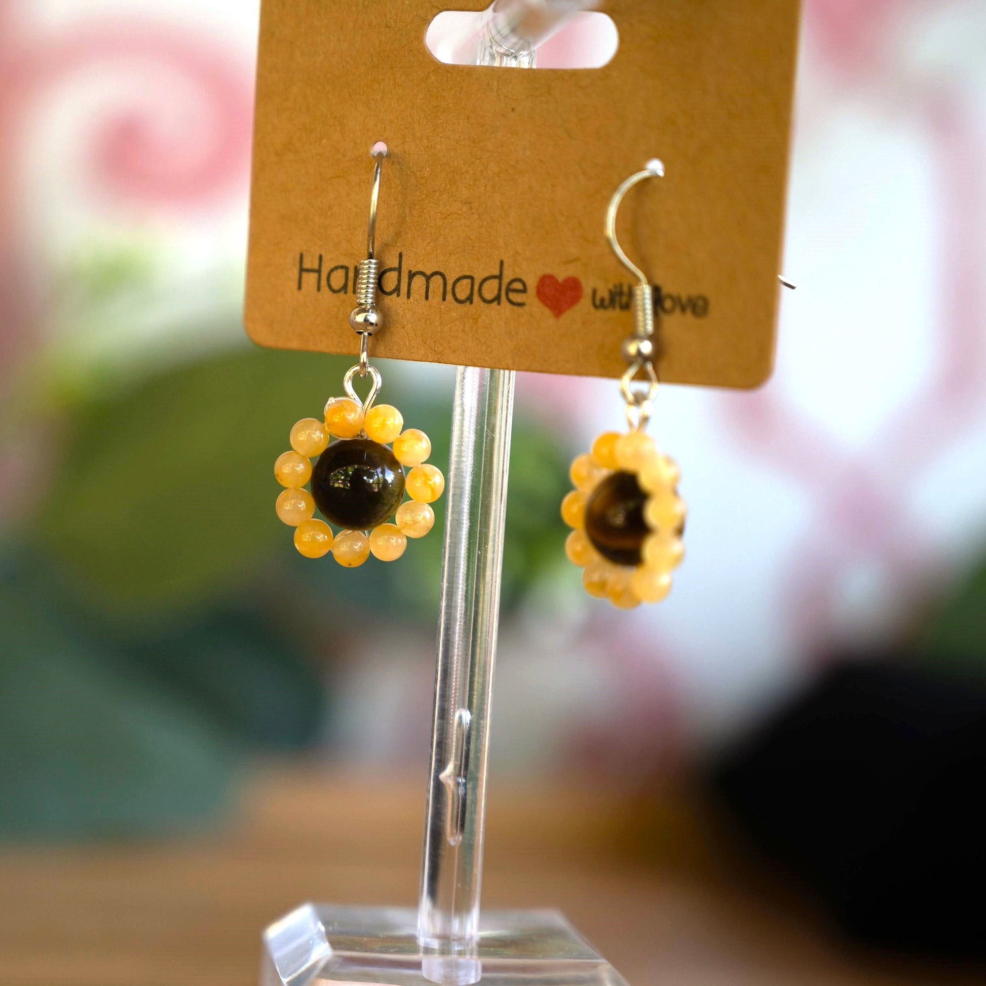 Yellow Jade and Tiger&#39;s Eye Sunflower Earrings