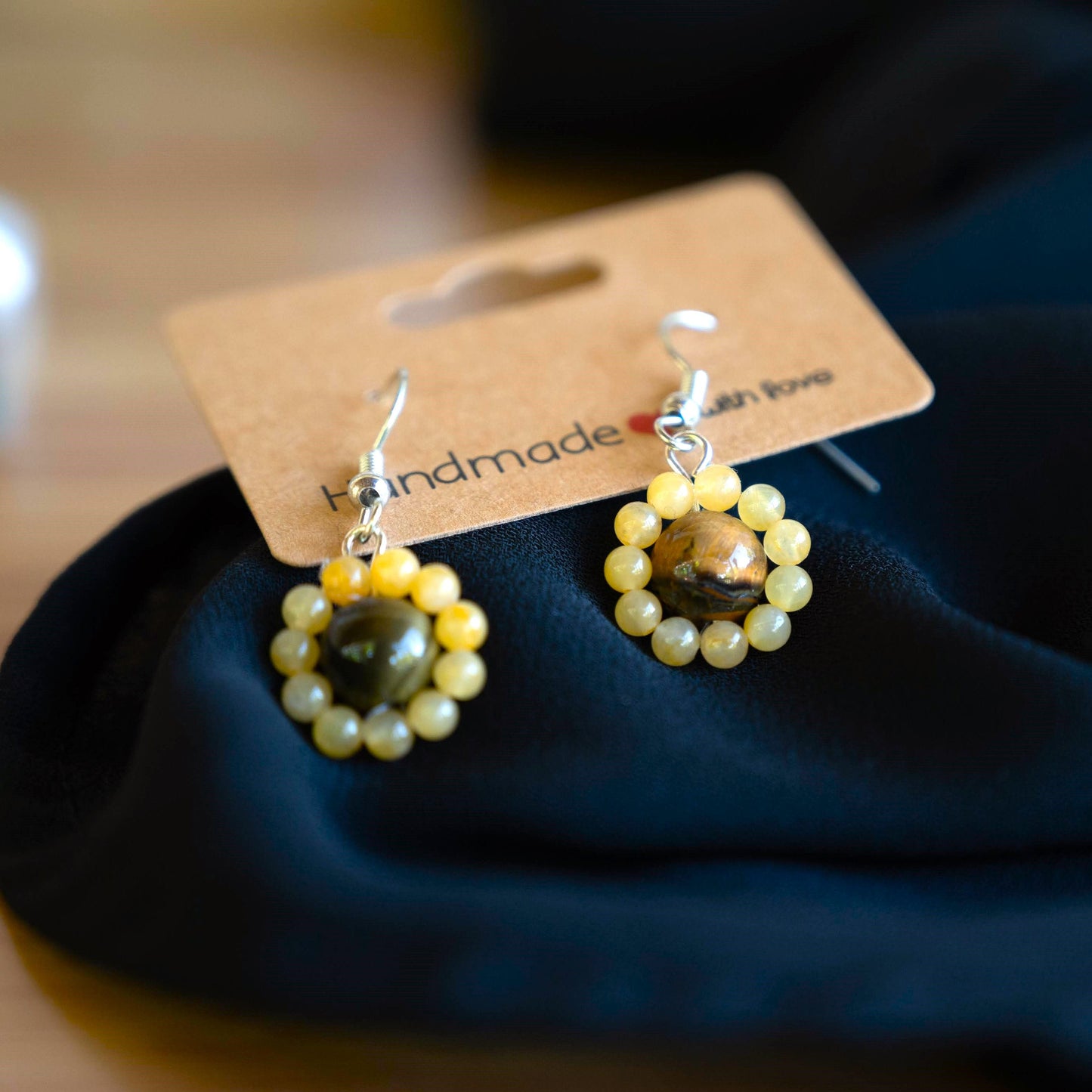 Yellow Jade and Tiger&#39;s Eye Sunflower Earrings