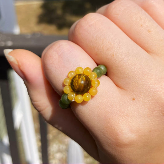 Jade and Tiger&#39;s Eye Sunflower Ring