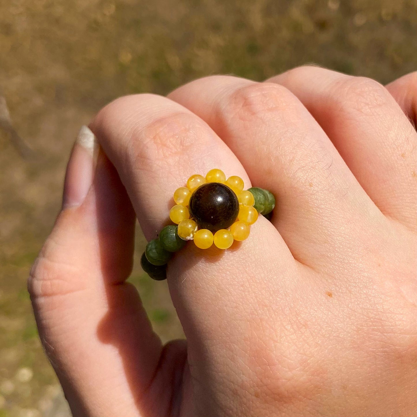 Jade and Tiger&#39;s Eye Sunflower Ring