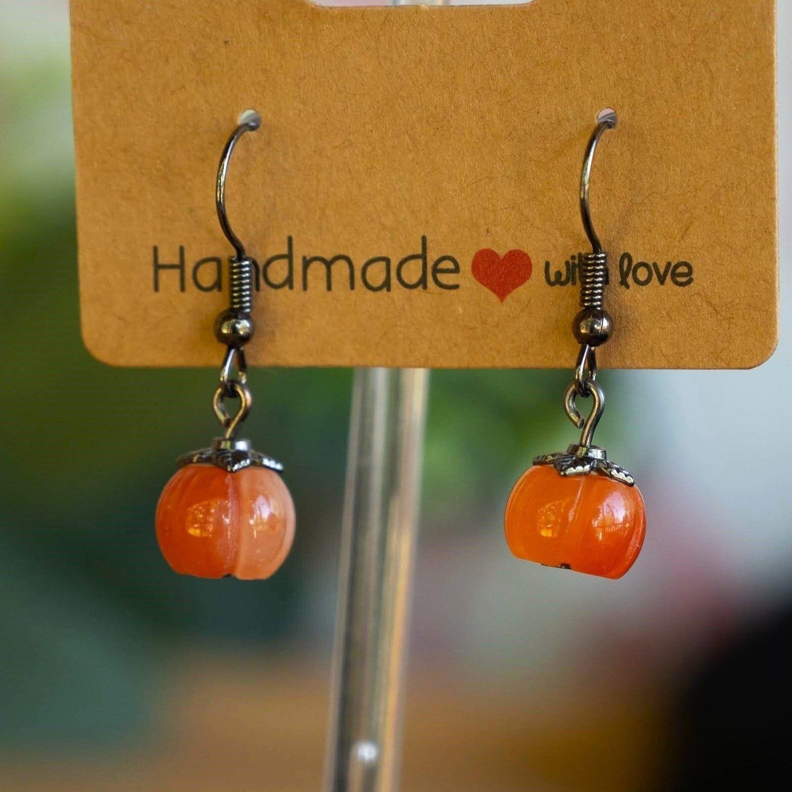 Orange Jade Pumpkin Earrings with Antique Bronze Accents