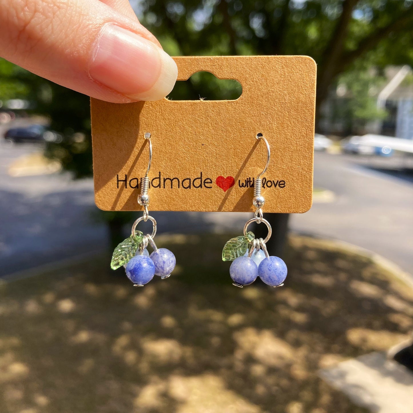 Blue Aventurine Blueberry Earrings with Green Leaf Accents