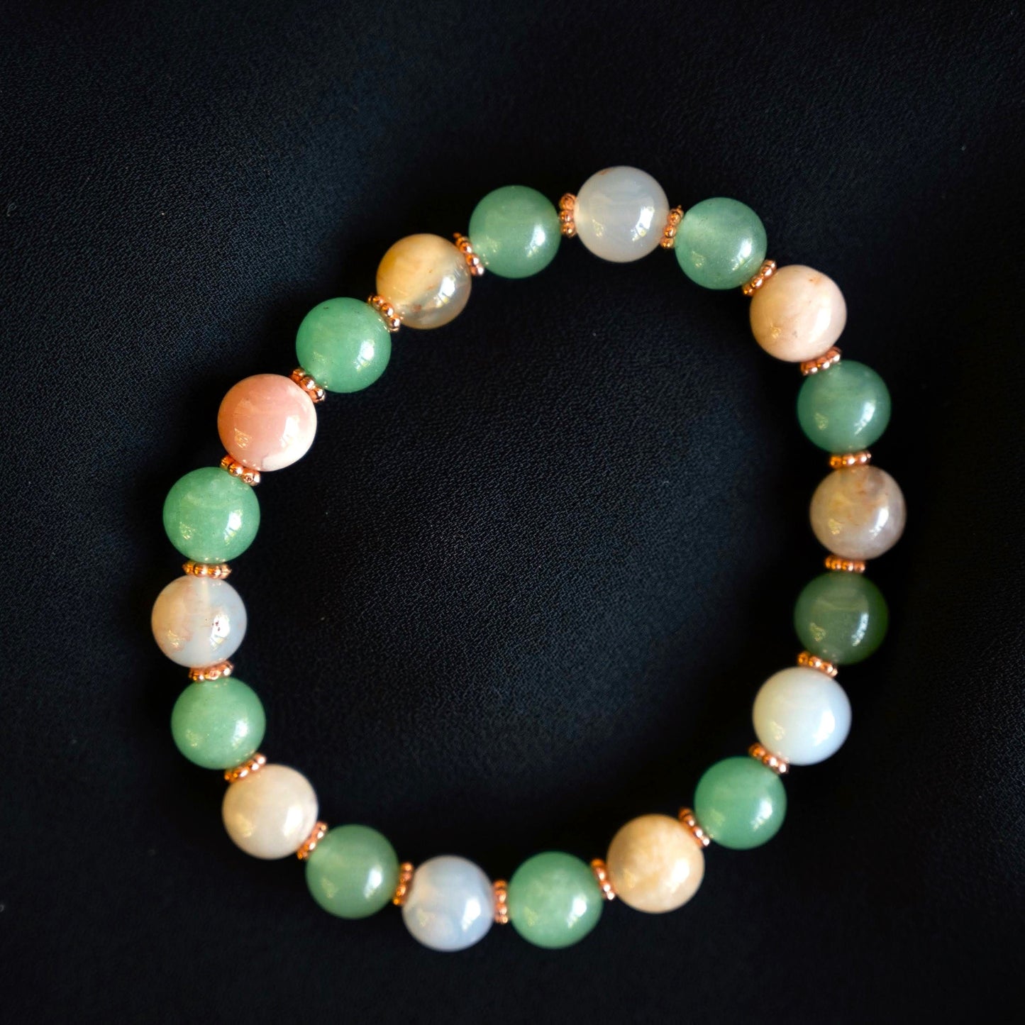 Green Aventurine and Flower Agate Beaded Bracelet with Rose Gold Accents