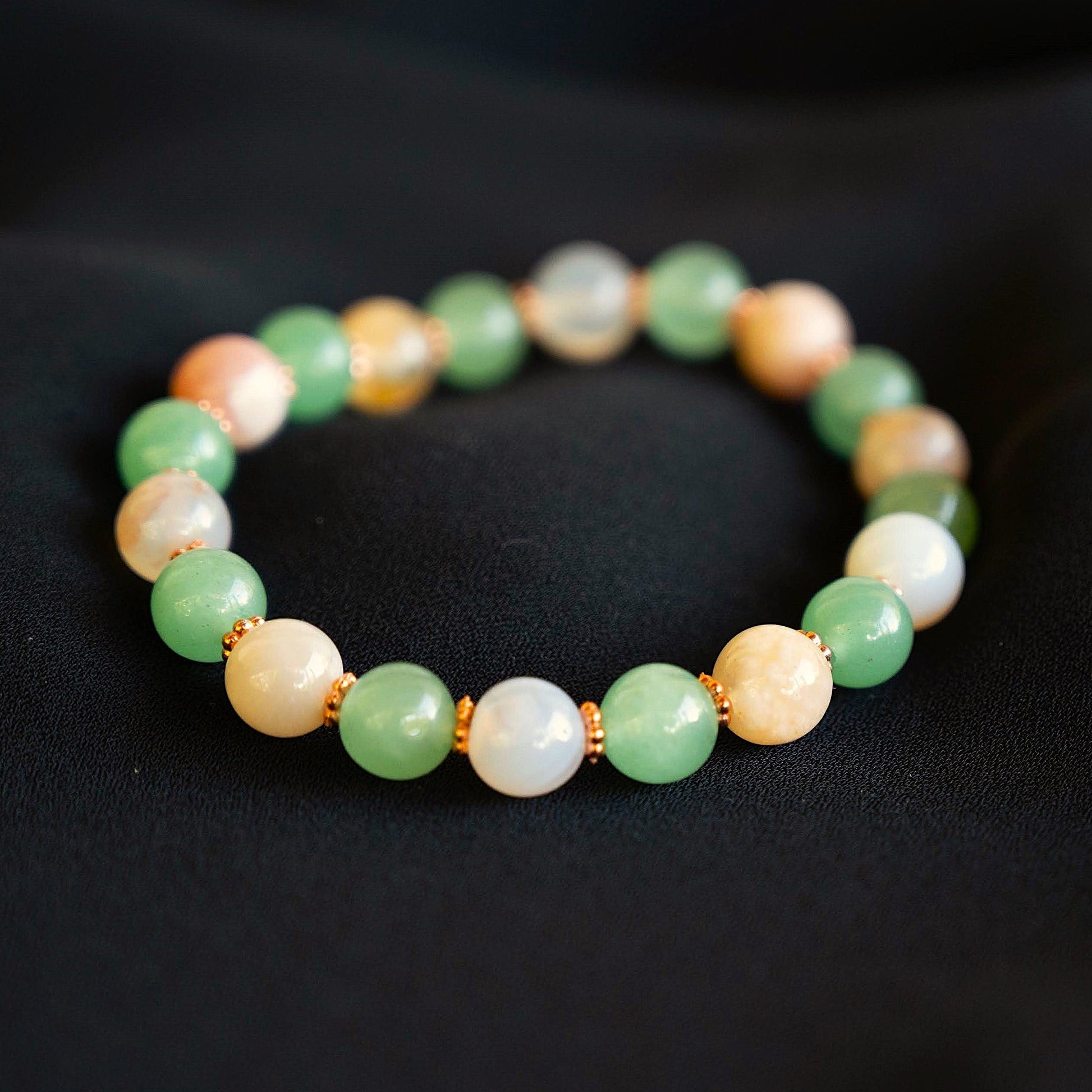 Green Aventurine and Flower Agate Beaded Bracelet with Rose Gold Accents