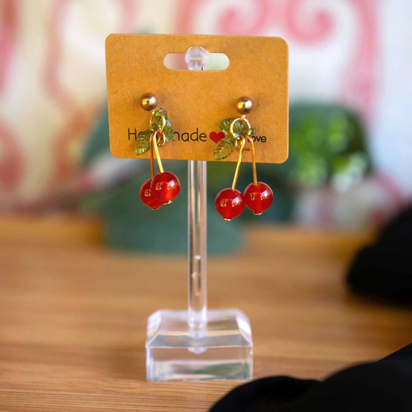 Cherry Carnelian Earrings with Green Leaf Accents