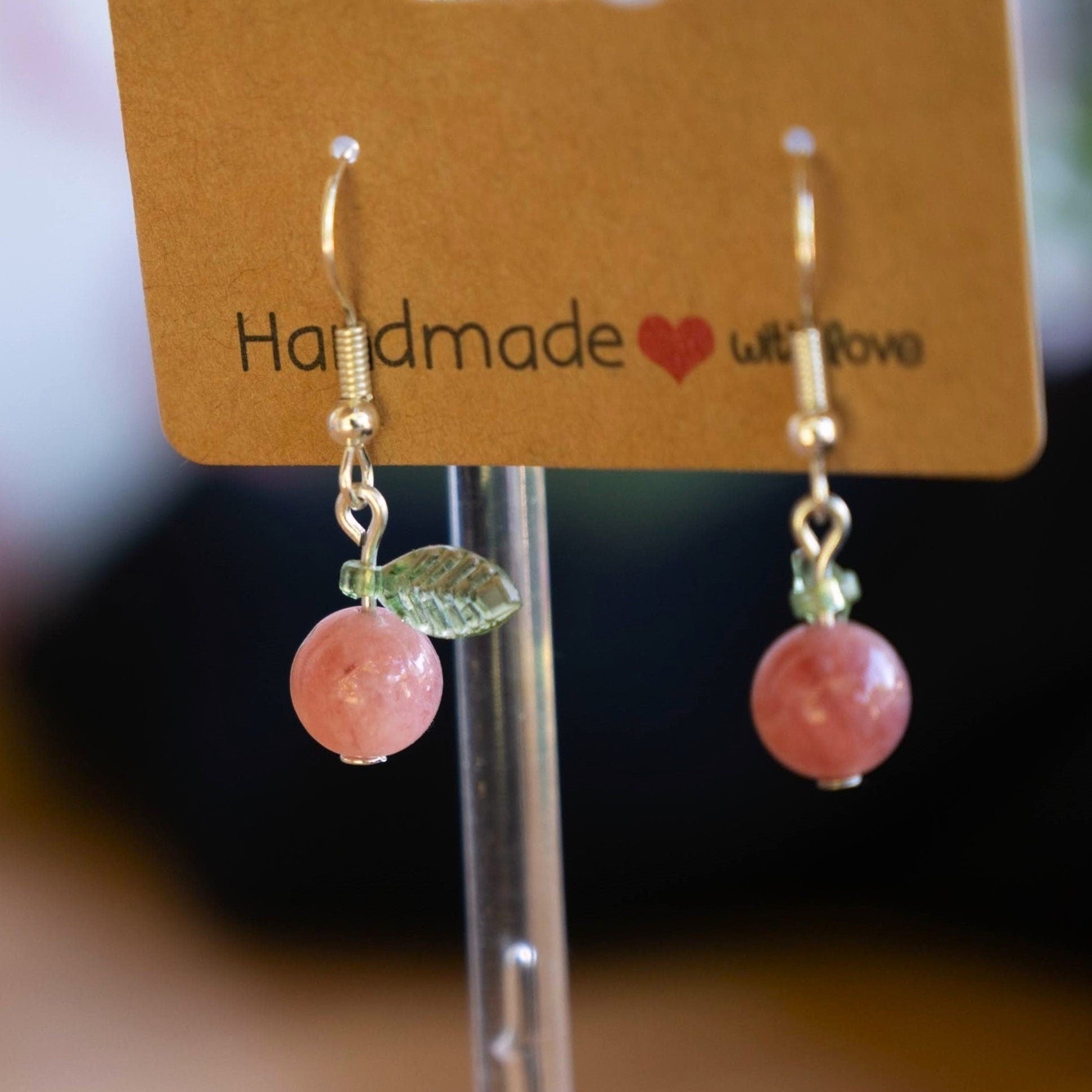 Pink Chalcedony Peach Earrings with Green Leaf Accents