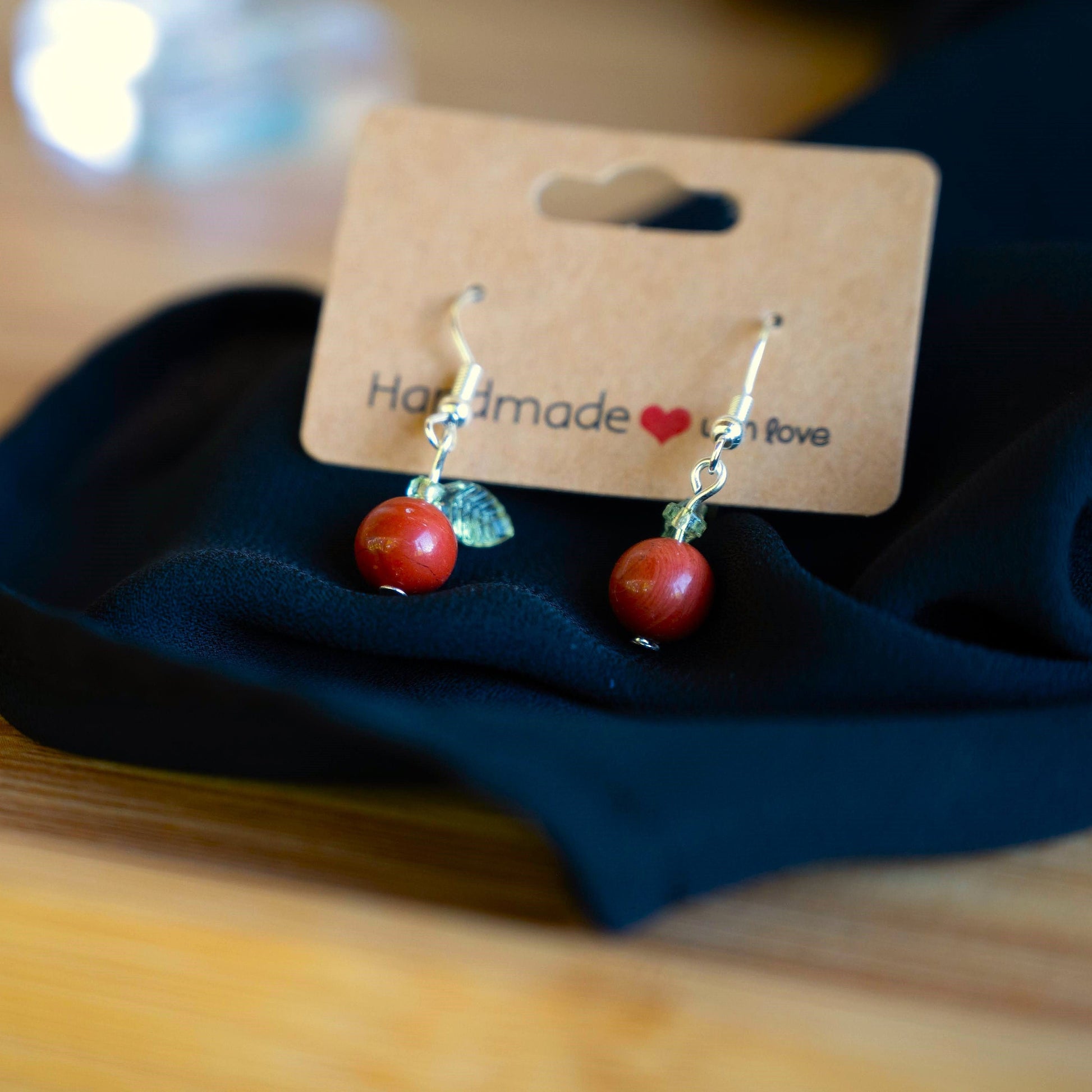 Red Jasper Apple Earrings with Green Leaf Accents