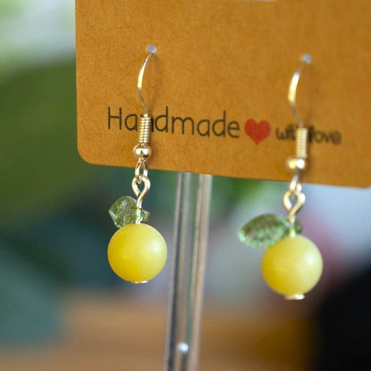 Yellow Jade Lemon Earrings with Green Leaf Accents