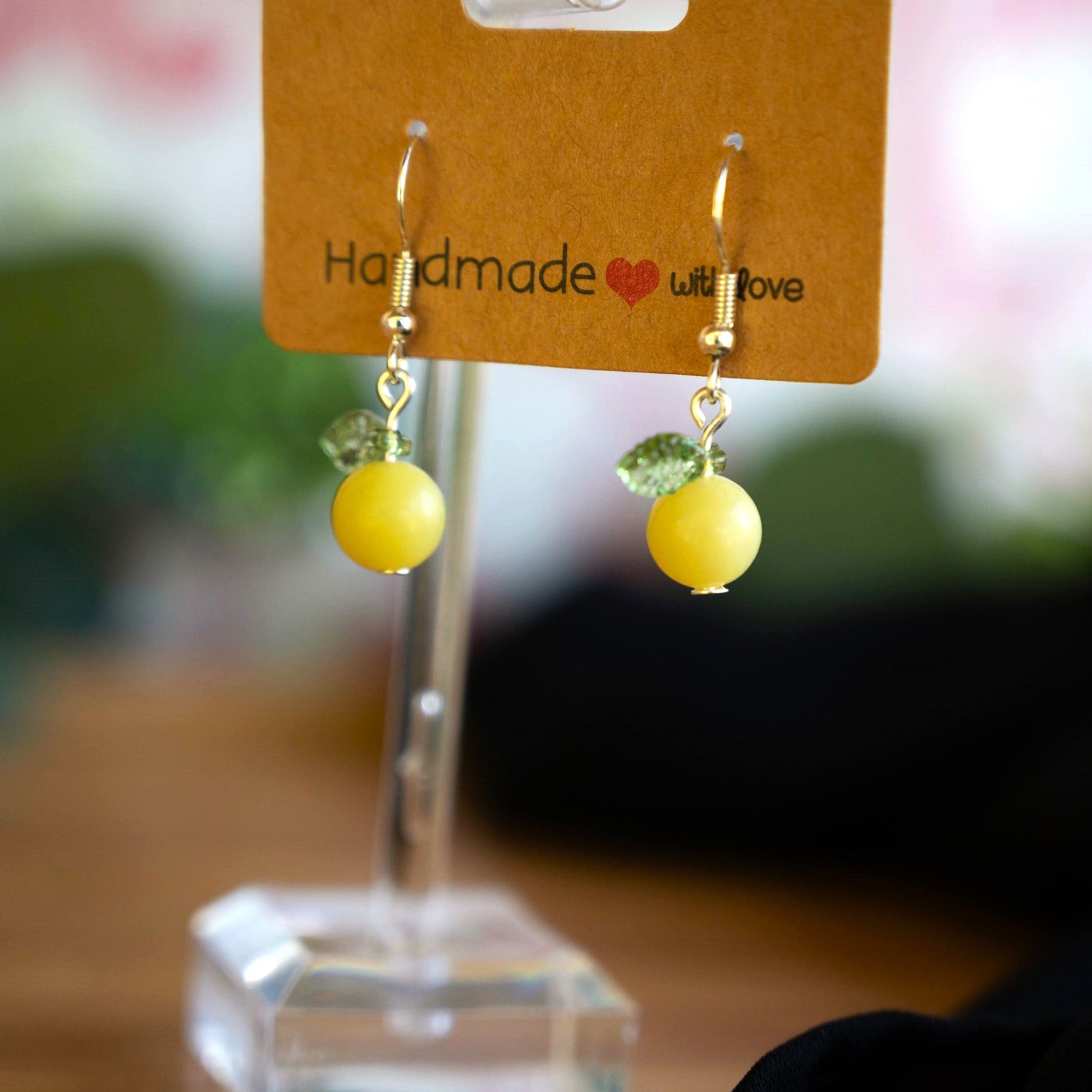 Yellow Jade Lemon Earrings with Green Leaf Accents