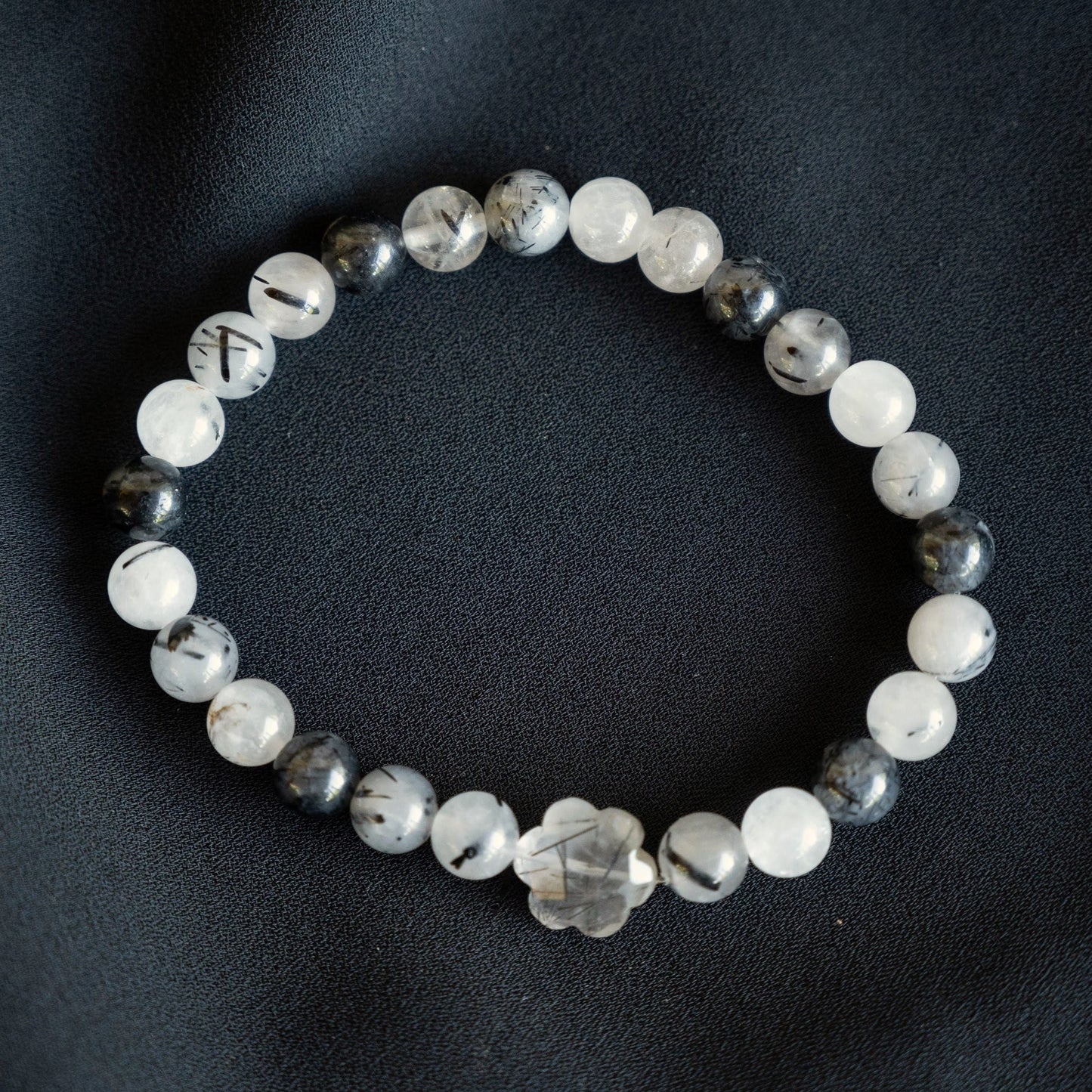 Tourmalinated Quartz Beaded Bracelet with Flower Accent