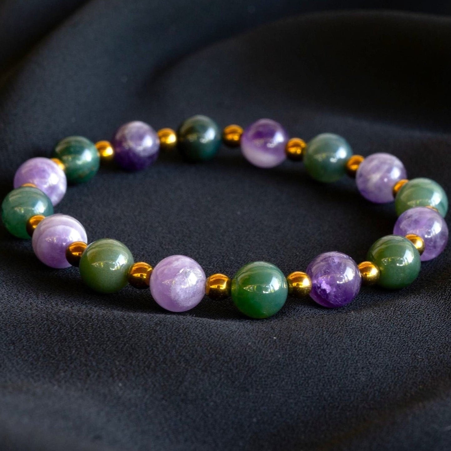 Sabrina | Chevron Amethyst, Green Moss Agate, and Gold Hematite Beaded Bracelet