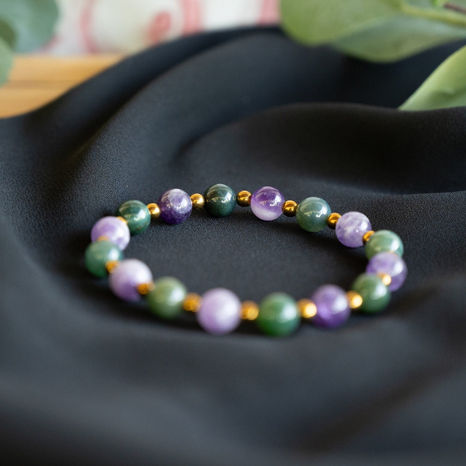 Sabrina | Chevron Amethyst, Green Moss Agate, and Gold Hematite Beaded Bracelet