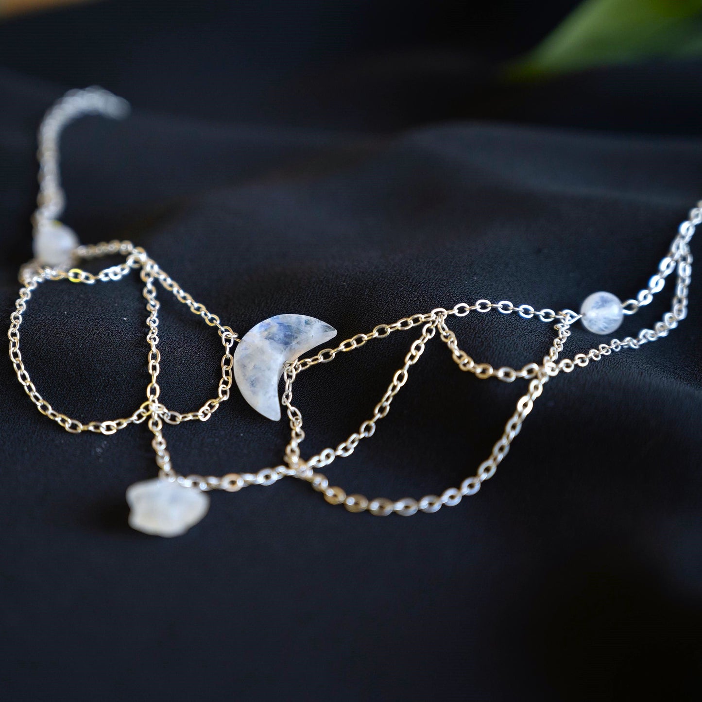 Lunar Moonstone Crescent and Star Multi-Layer Choker