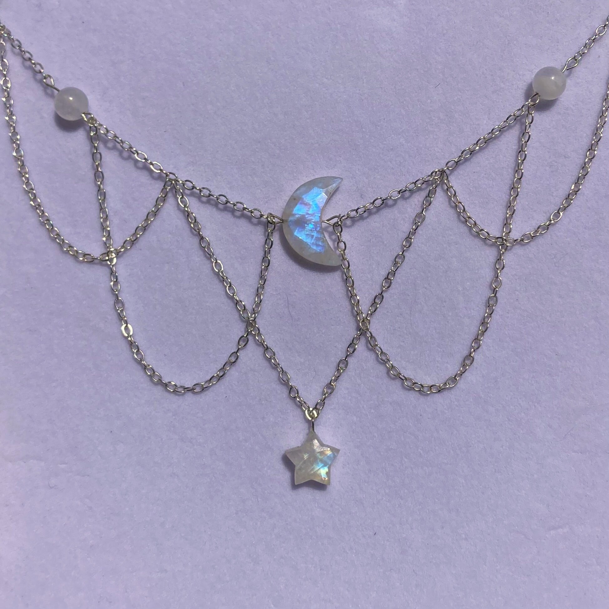 Lunar Moonstone Crescent and Star Multi-Layer Choker