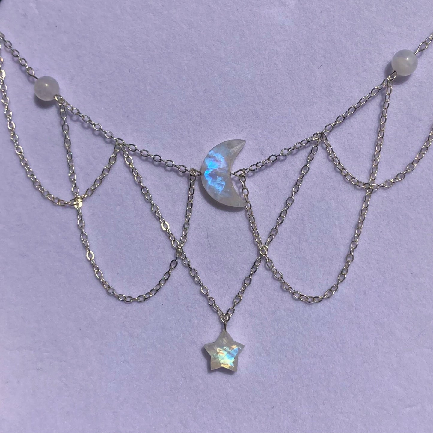 Lunar Moonstone Crescent and Star Multi-Layer Choker