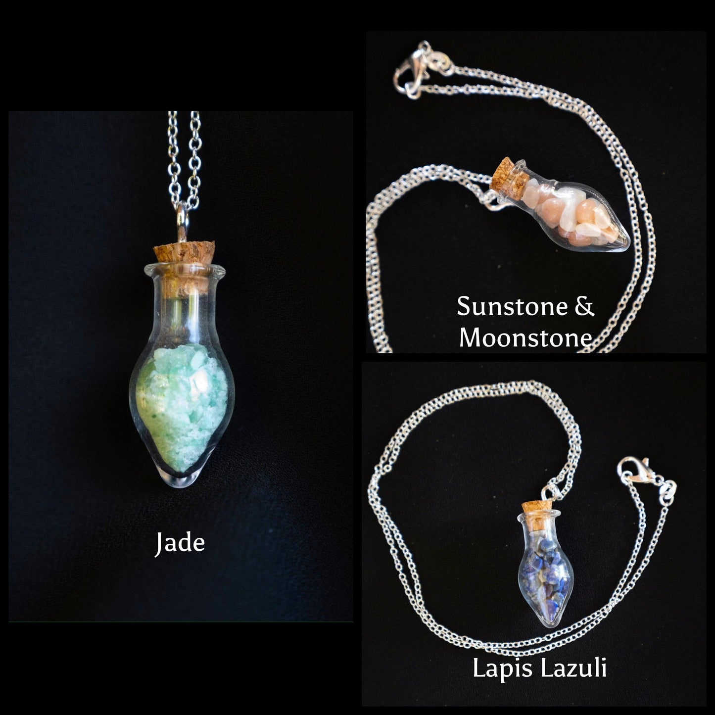 Mini glass bottles of gemstone chips - pendant on chain, jade, sunstone & moonstone, lapis lazuli