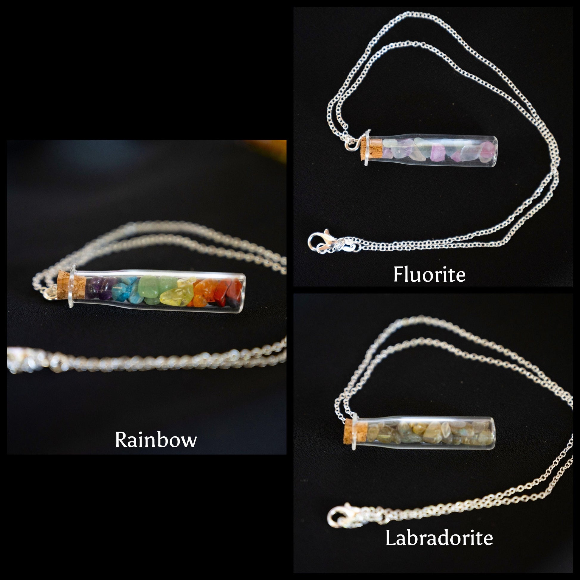 Mini glass bottles of gemstone chips - pendant on chain, rainbow, fluorite, labradorite