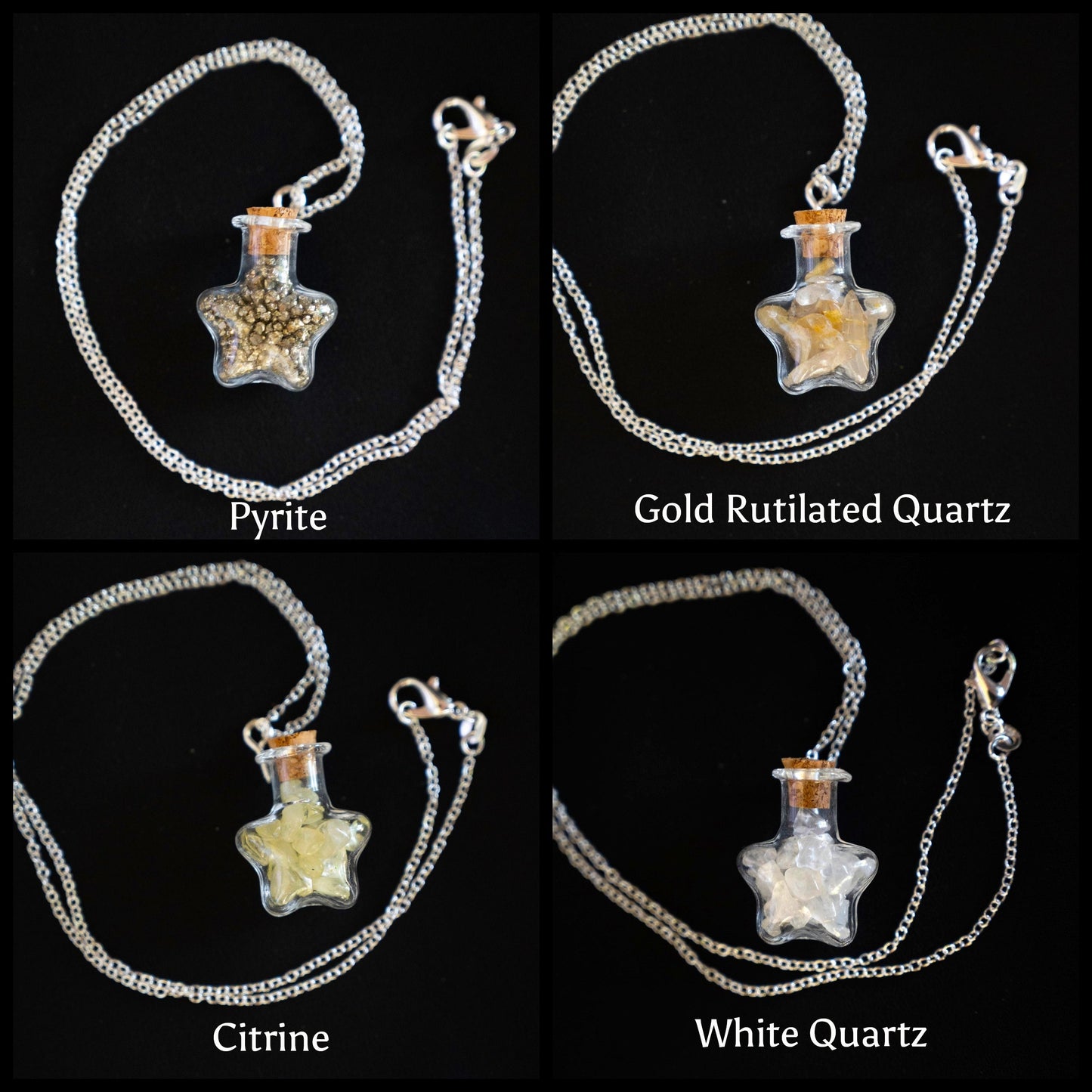 Mini glass bottles of gemstone chips - pendant on chain, pyrite, gold rutilated quartz, citrine, white quartz