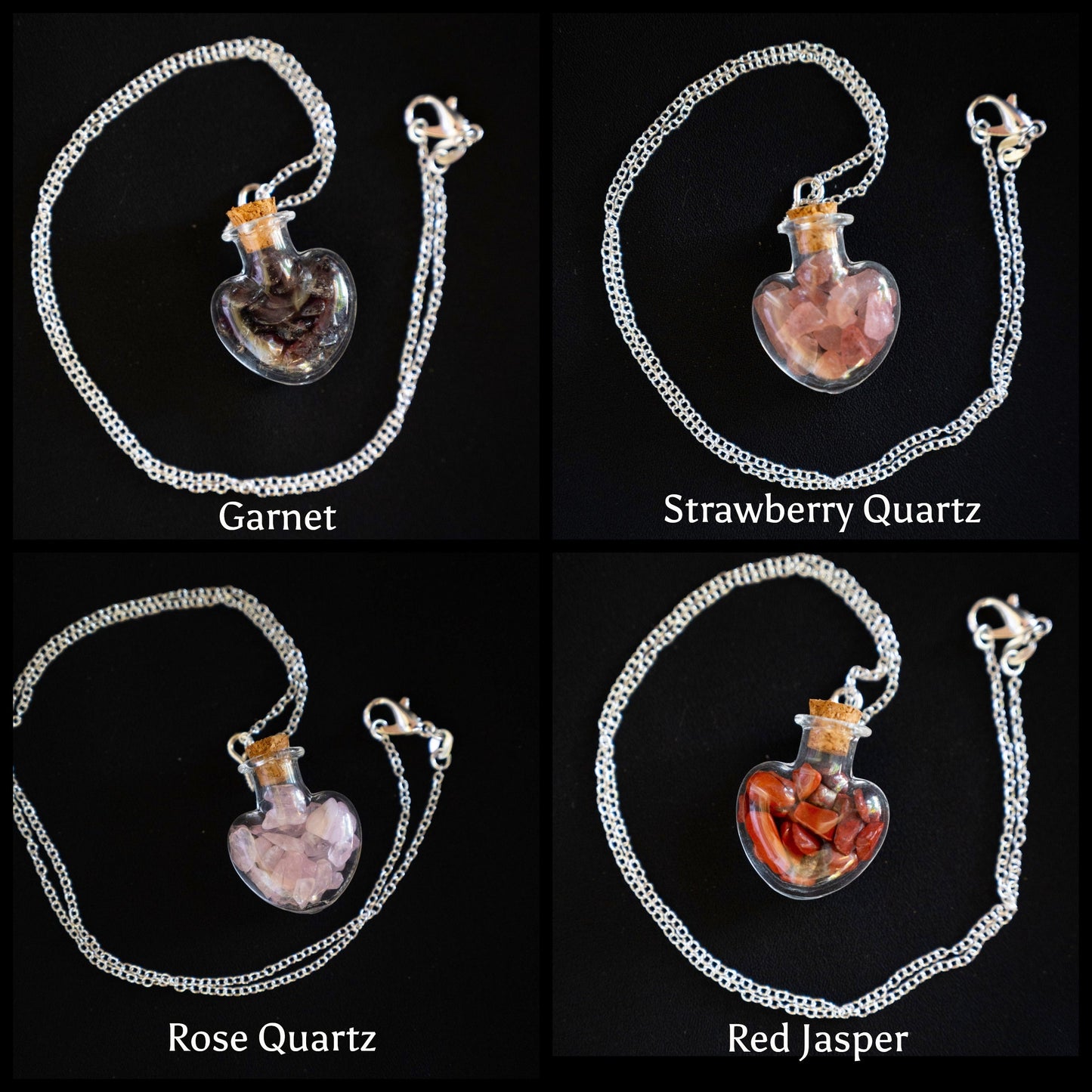 Mini glass bottles of gemstone chips - pendant on chain, garnet, strawberry quartz, rose quartz, red jasper