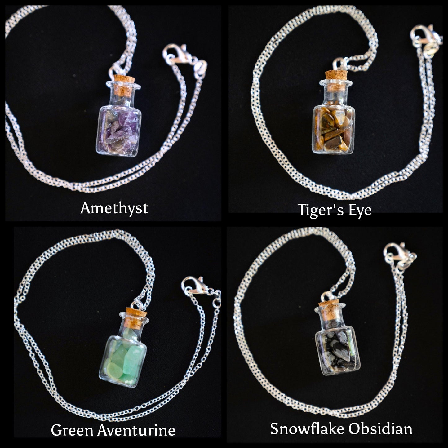 Mini glass bottles of gemstone chips - pendant on chain, amethyst, tigers eye, green aventurine, snowflake obsidian