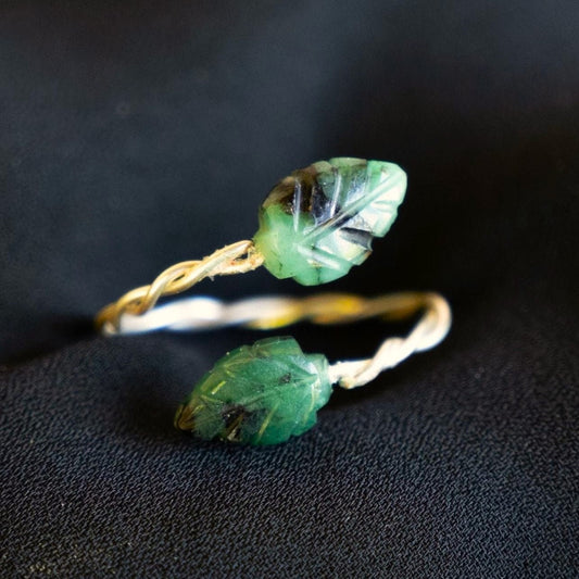 Emerald Leaf and Twisted Vines Open Ring