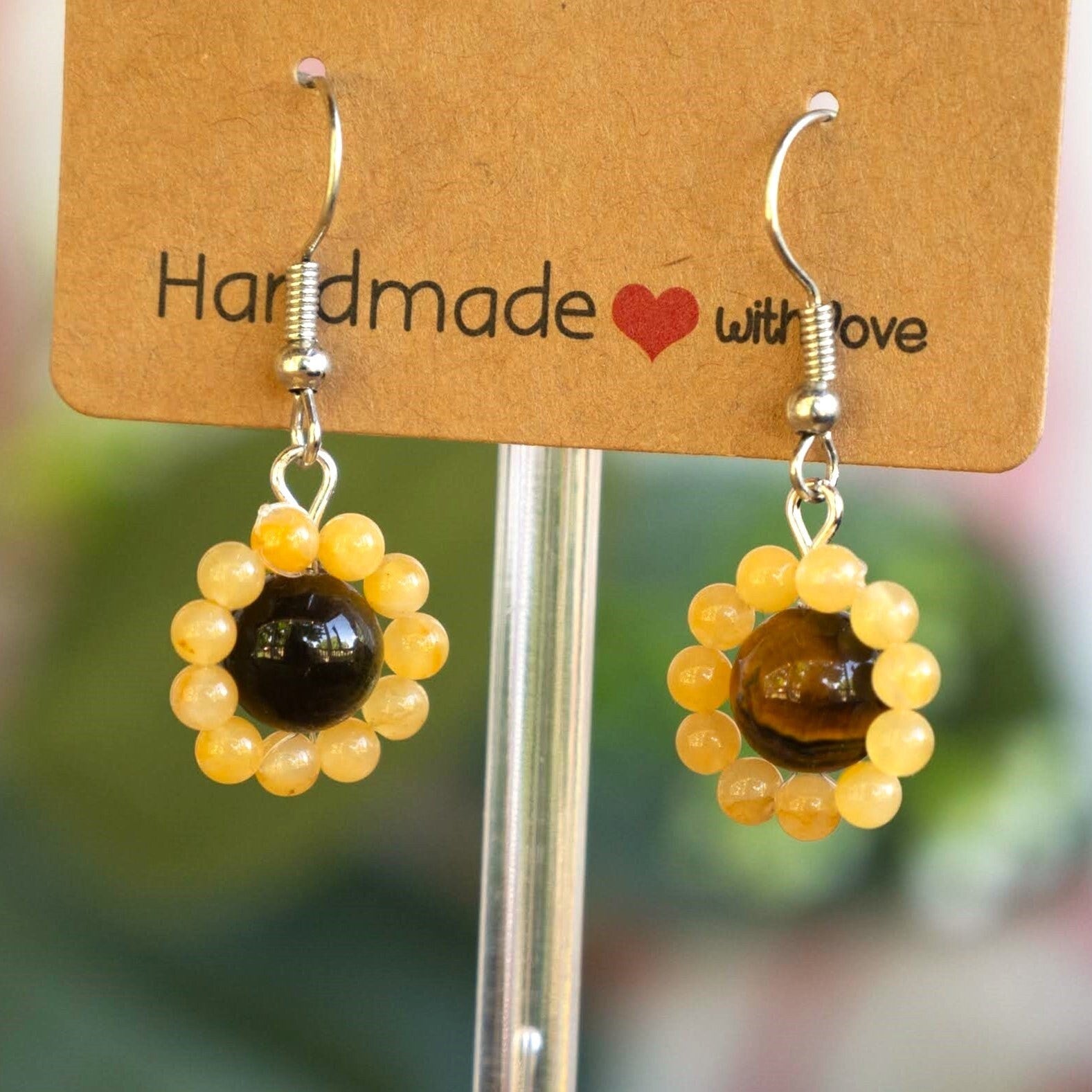 Yellow Jade and Tiger&#39;s Eye Sunflower Earrings