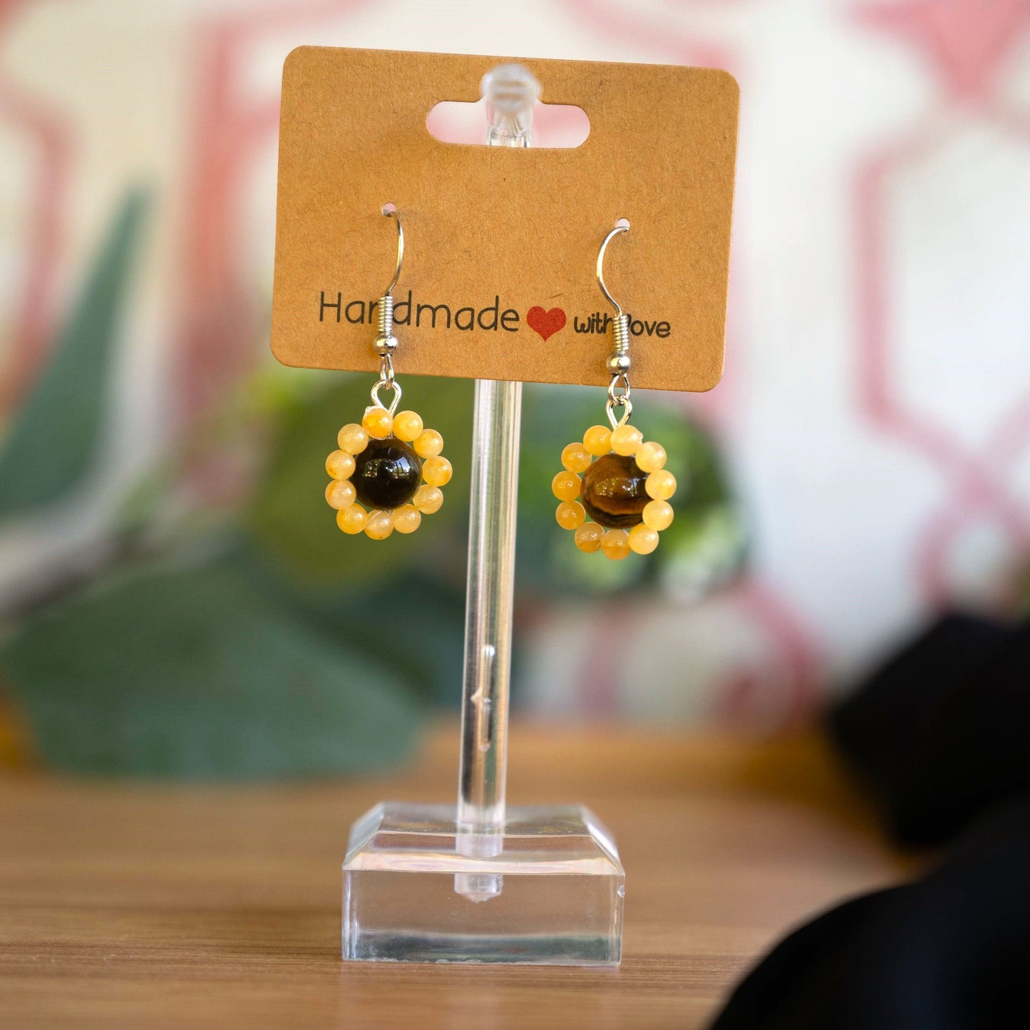 Yellow Jade and Tiger&#39;s Eye Sunflower Earrings