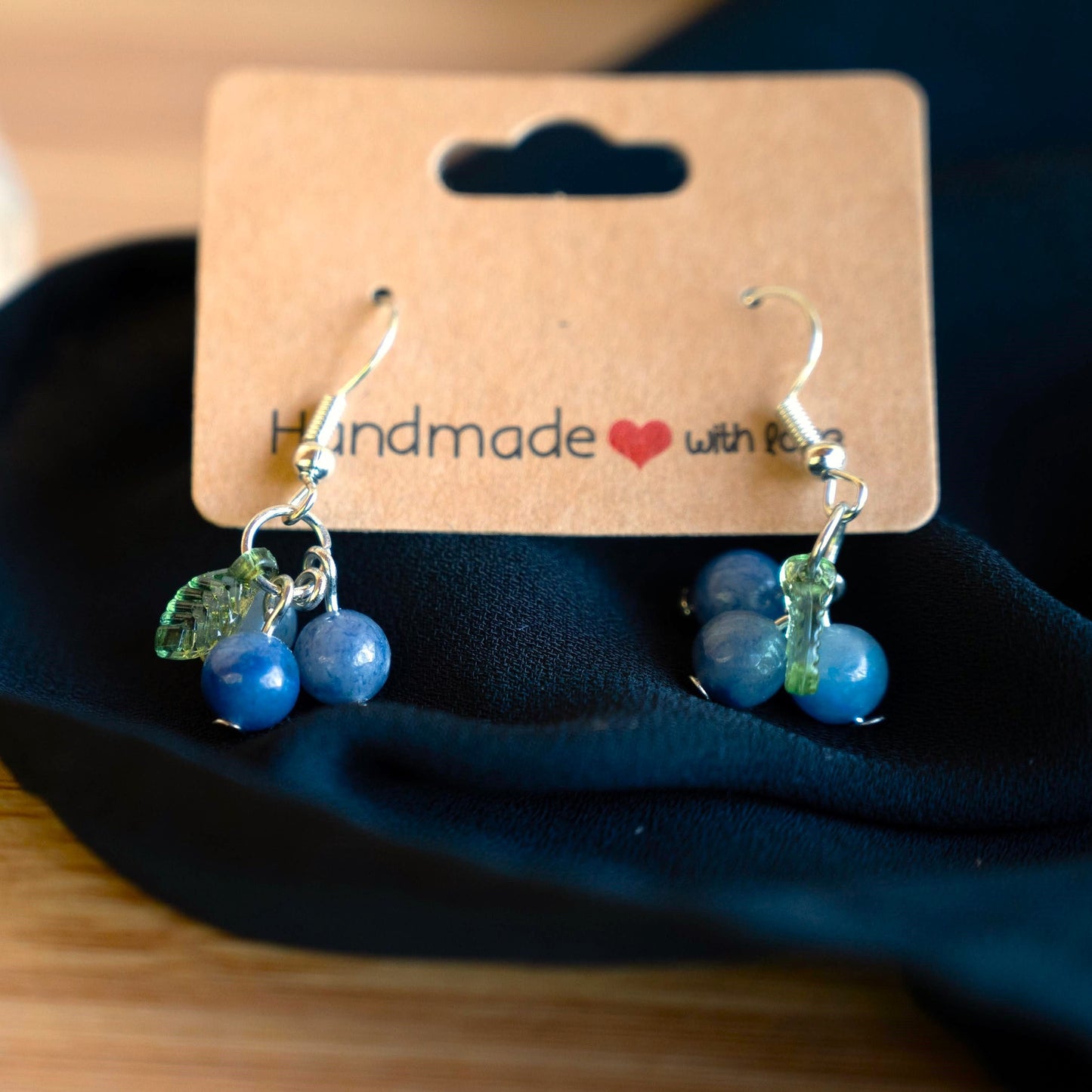 Blue Aventurine Blueberry Earrings with Green Leaf Accents