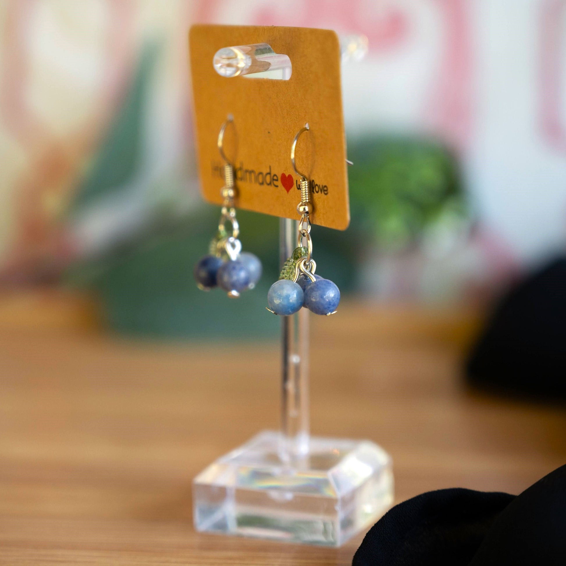 Blue Aventurine Blueberry Earrings with Green Leaf Accents