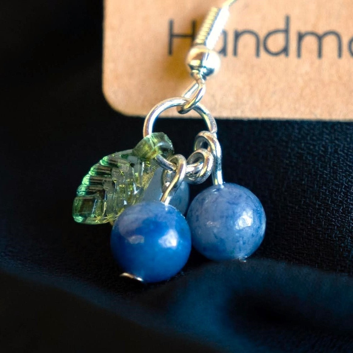 Blue Aventurine Blueberry Earrings with Green Leaf Accents