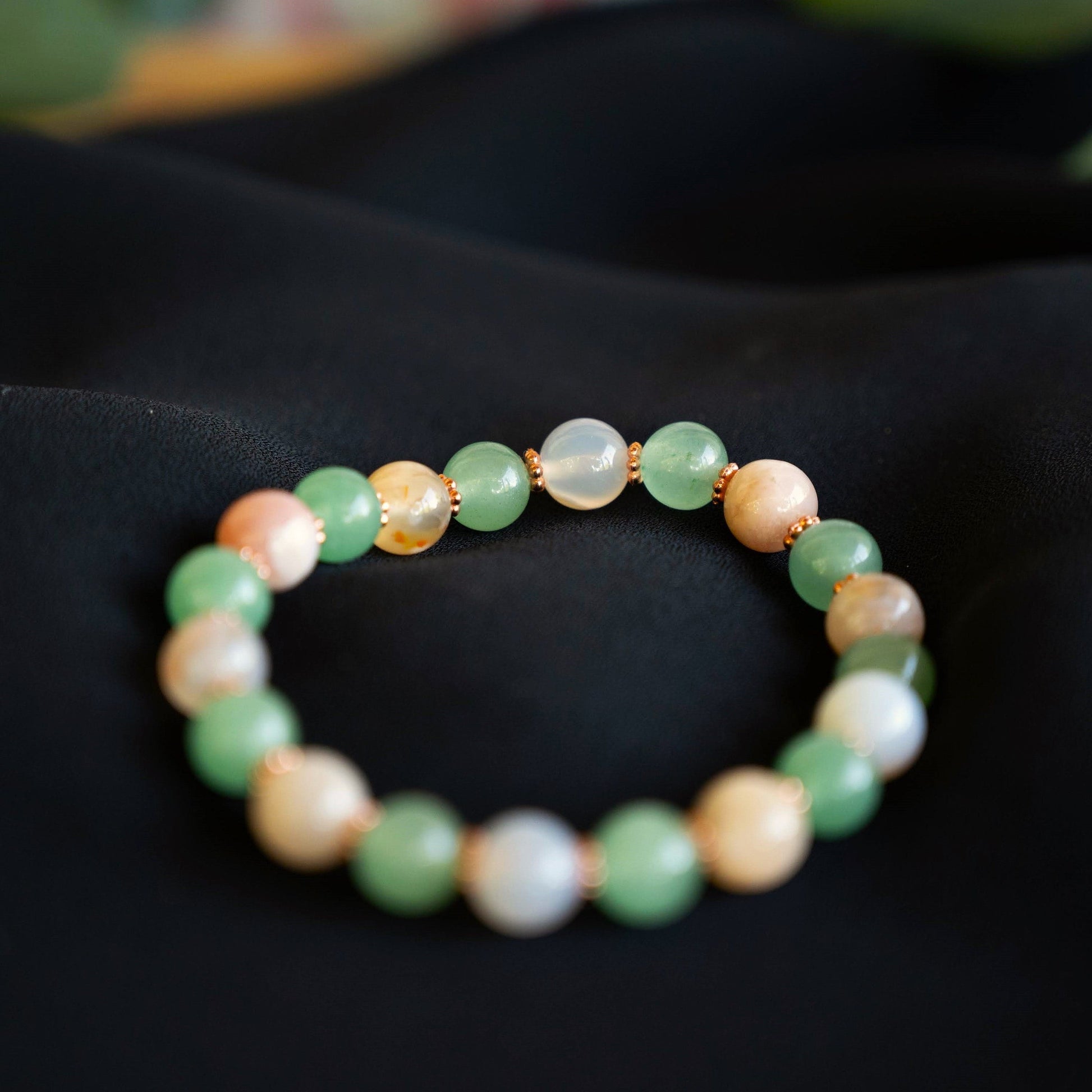 Green Aventurine and Flower Agate Beaded Bracelet with Rose Gold Accents