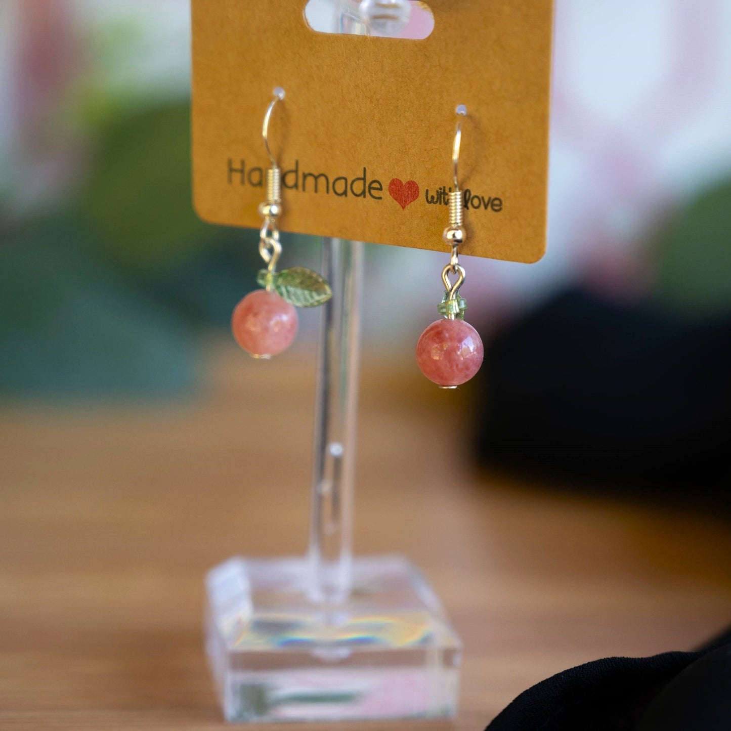 Pink Chalcedony Peach Earrings with Green Leaf Accents