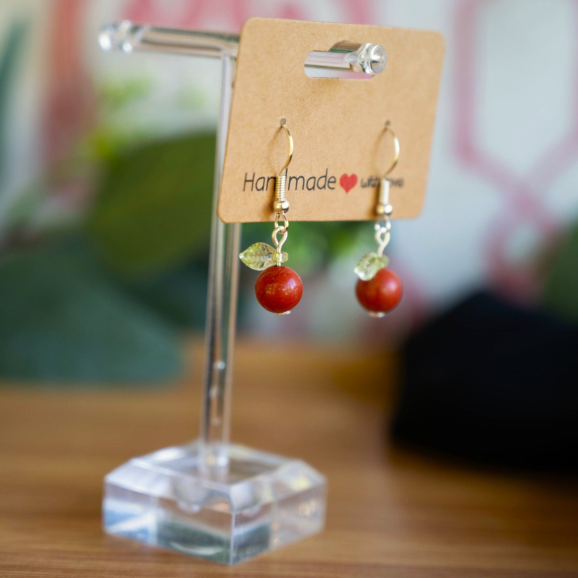 Red Jasper Apple Earrings with Green Leaf Accents