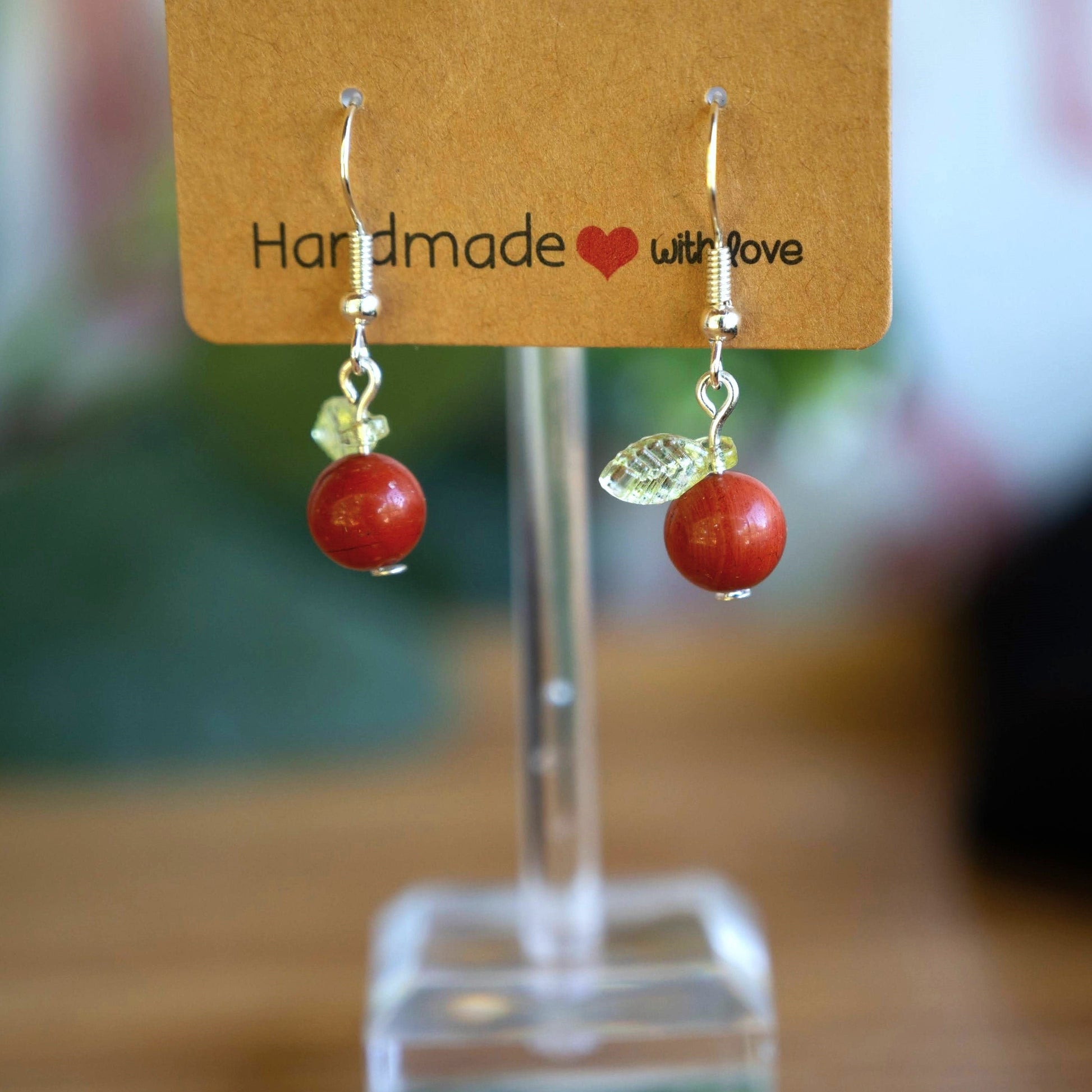 Red Jasper Apple Earrings with Green Leaf Accents