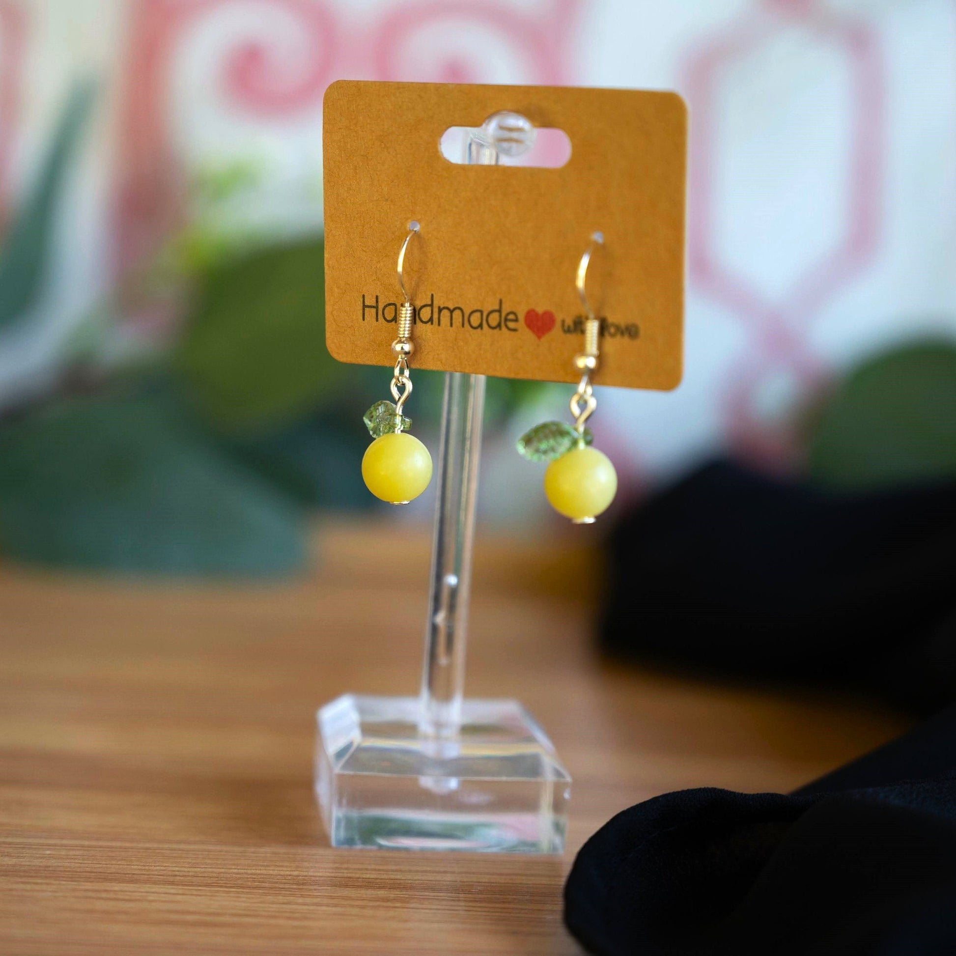 Yellow Jade Lemon Earrings with Green Leaf Accents