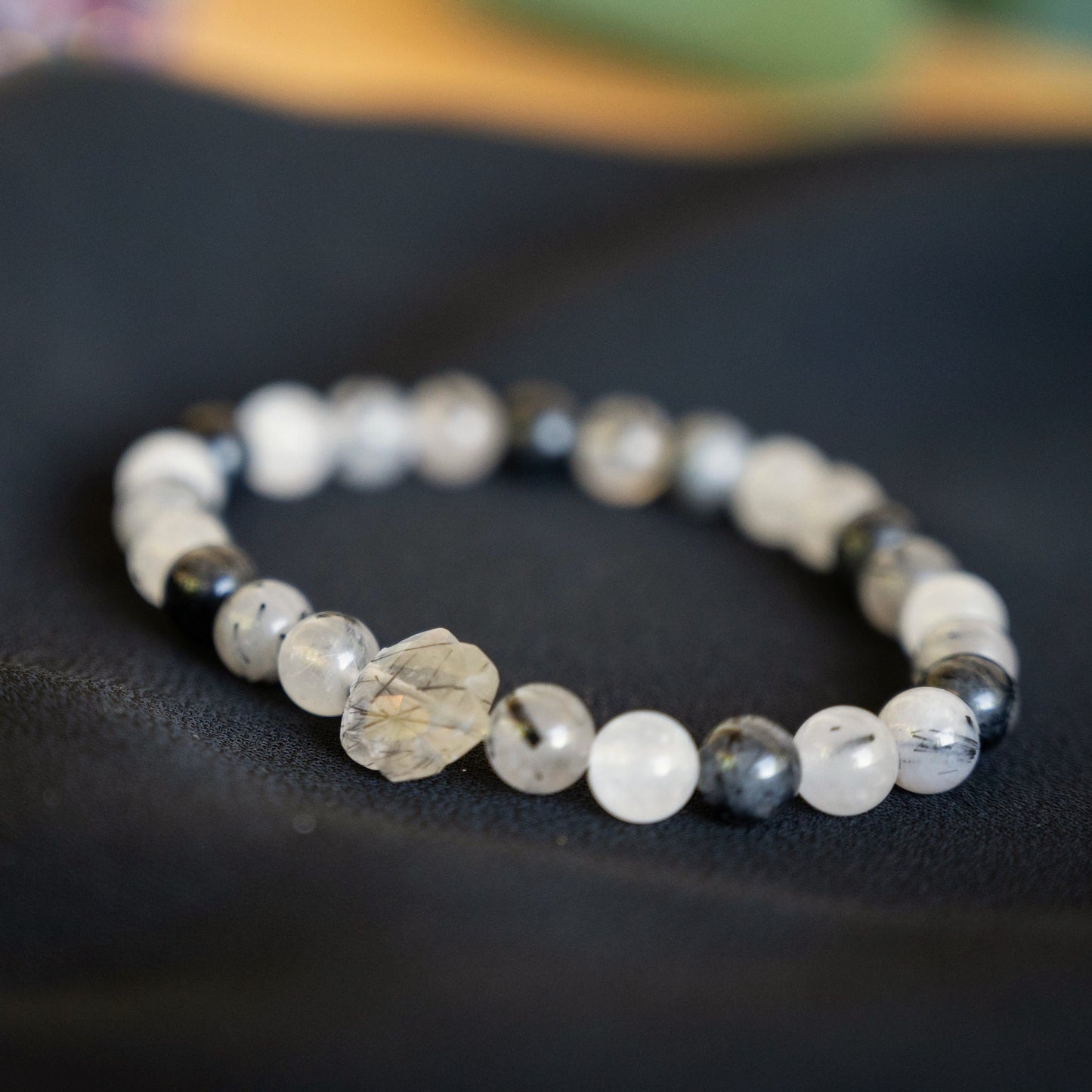 Tourmalinated Quartz Beaded Bracelet with Flower Accent