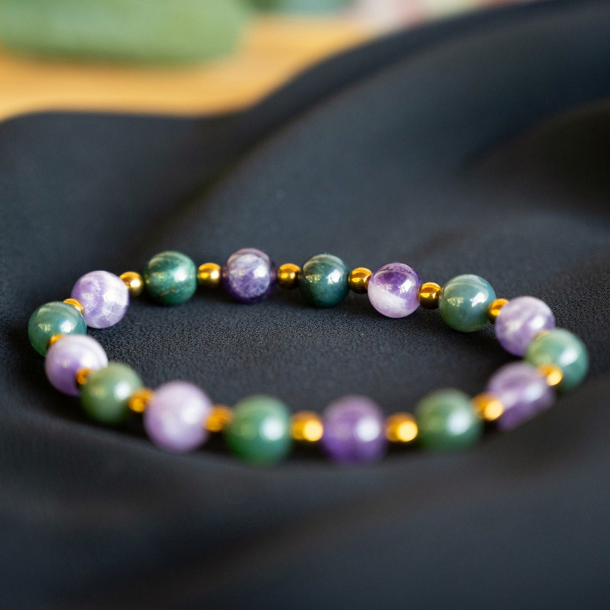 Sabrina | Chevron Amethyst, Green Moss Agate, and Gold Hematite Beaded Bracelet