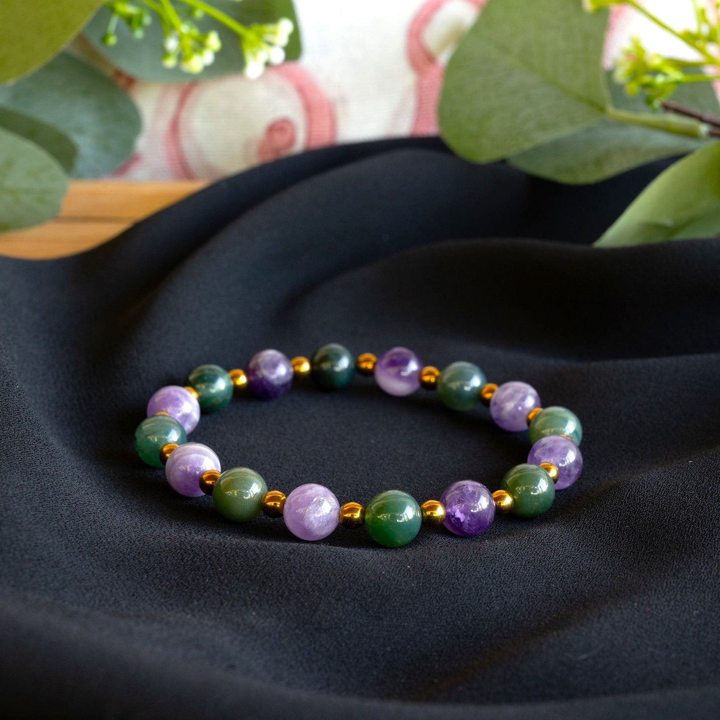 Sabrina | Chevron Amethyst, Green Moss Agate, and Gold Hematite Beaded Bracelet