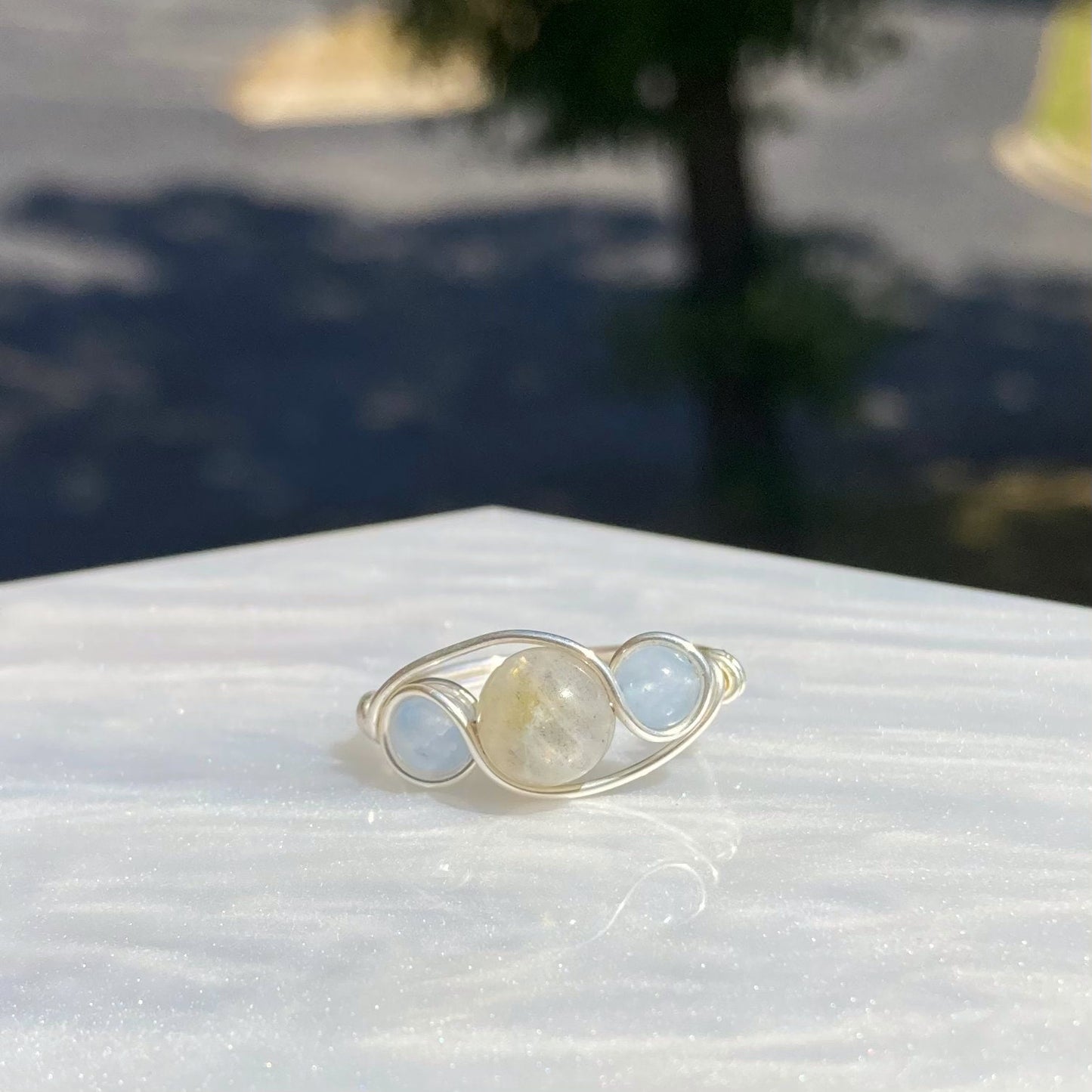 Angelic Labradorite and Aquamarine Wire Wrapped Ring