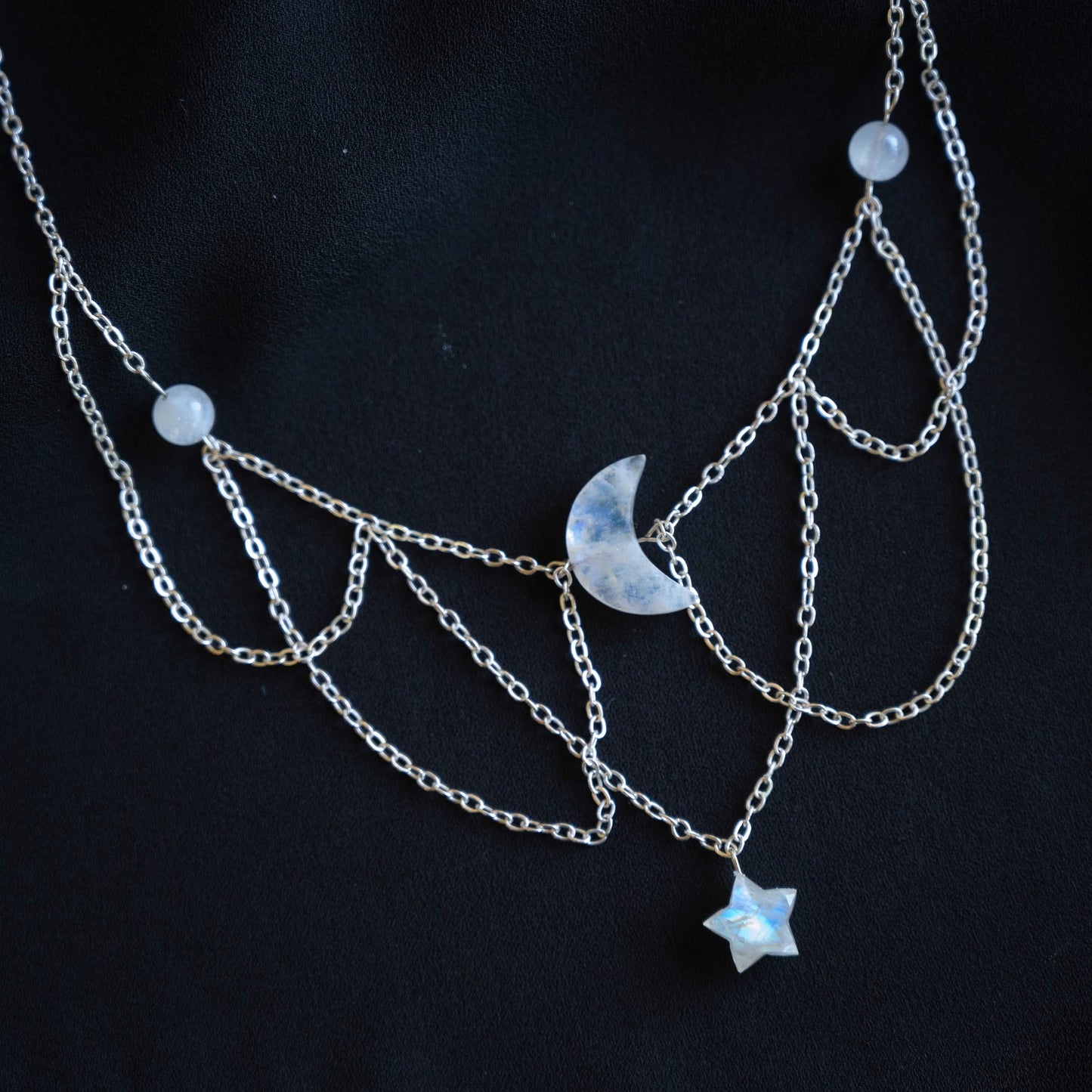 Lunar Moonstone Crescent and Star Multi-Layer Choker