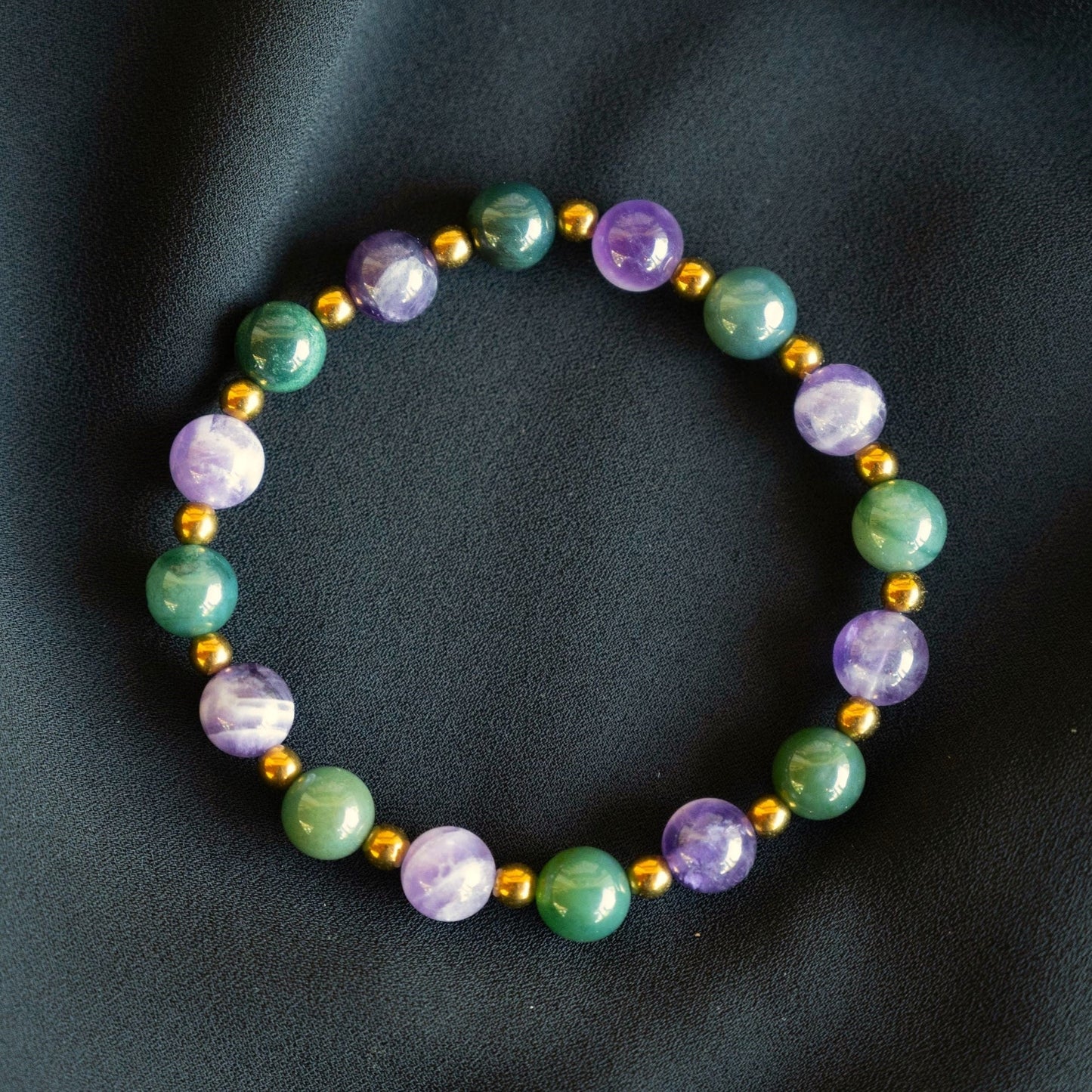 Sabrina | Chevron Amethyst, Green Moss Agate, and Gold Hematite Beaded Bracelet