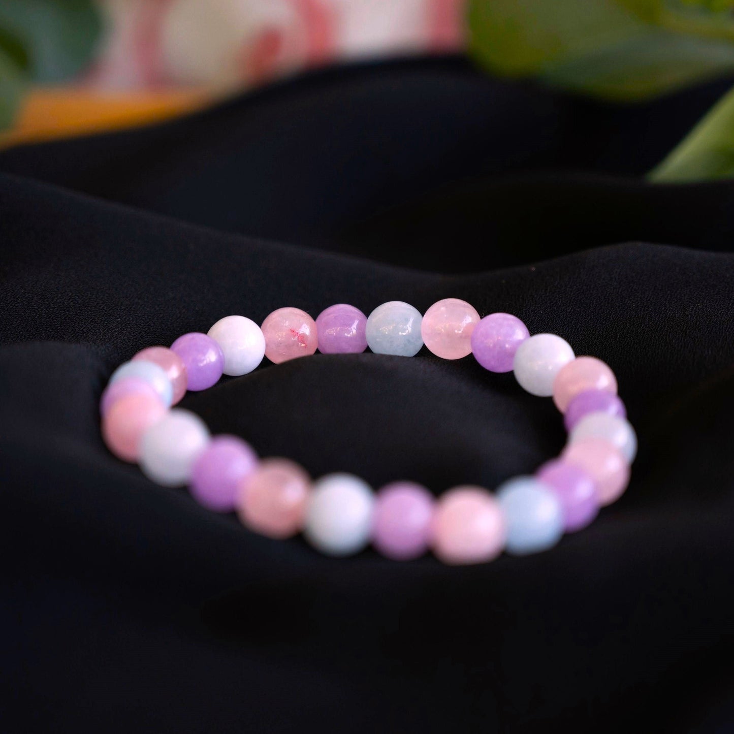 June | Lavender Amethyst, Aquamarine, and Rose Quartz Beaded Bracelet