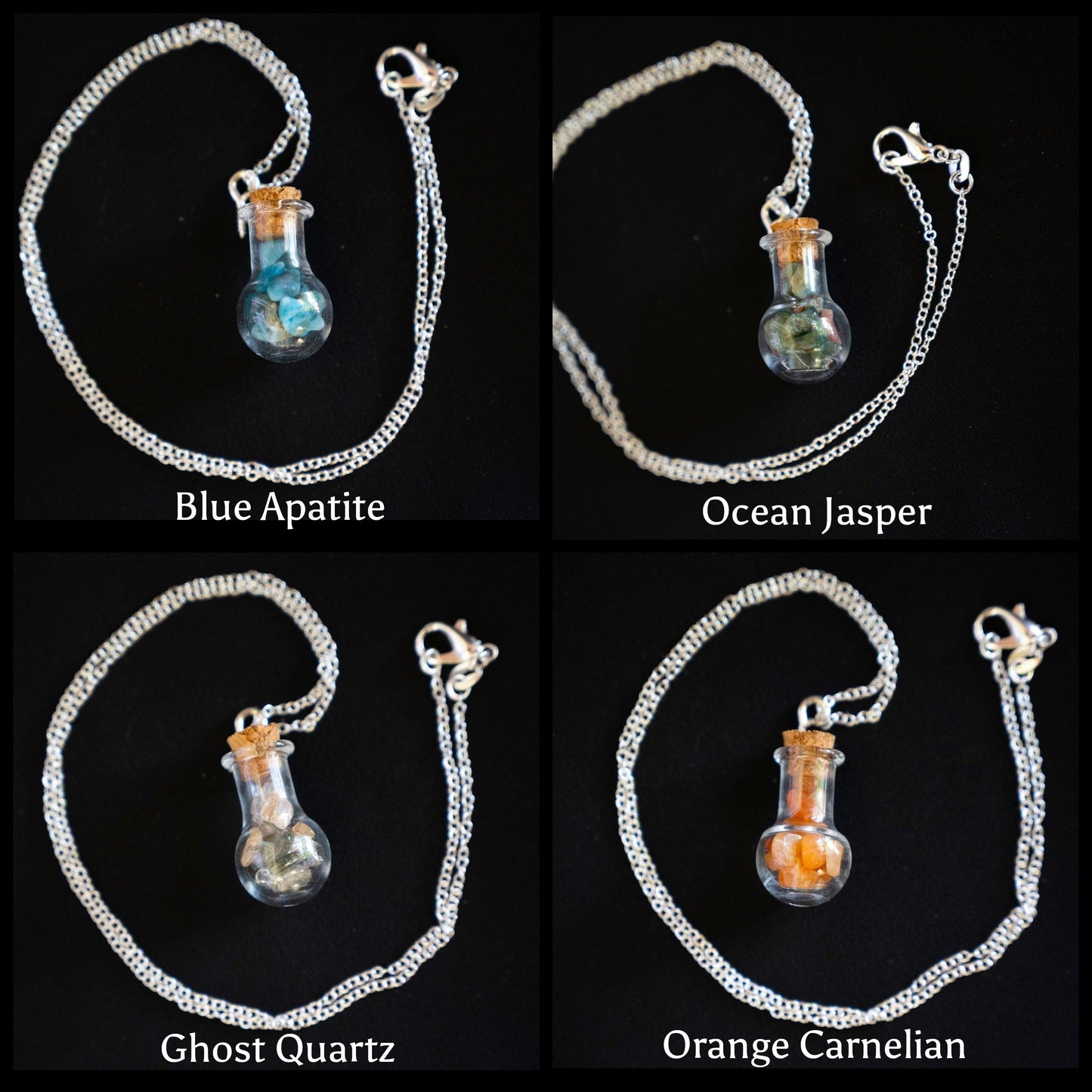 Mini glass bottles of gemstone chips - pendant on chain, blue apatite, ocean jasper, ghost quartz, orange carnelian